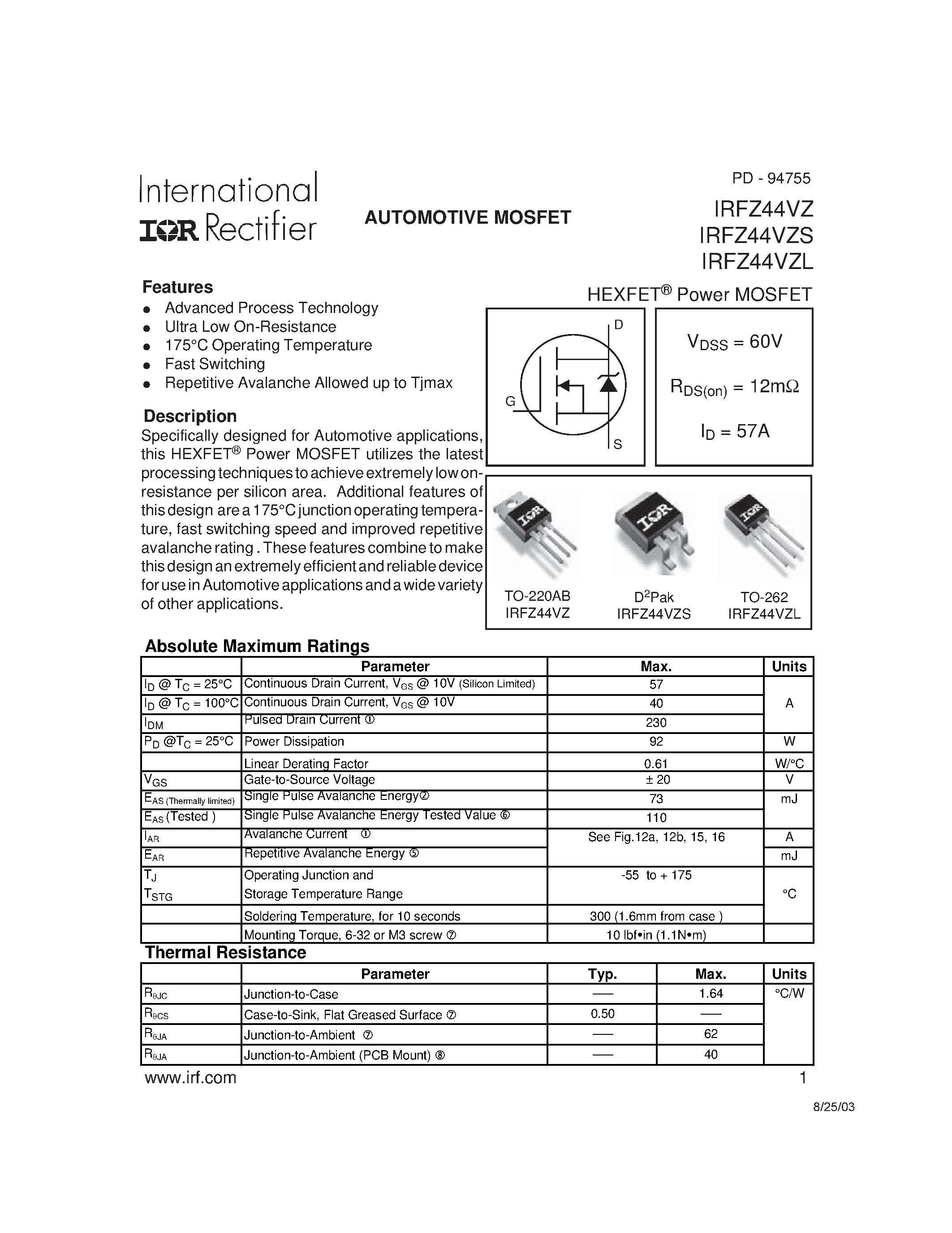 Даташит IRFZ44VZ - Power MOSFET страница 1