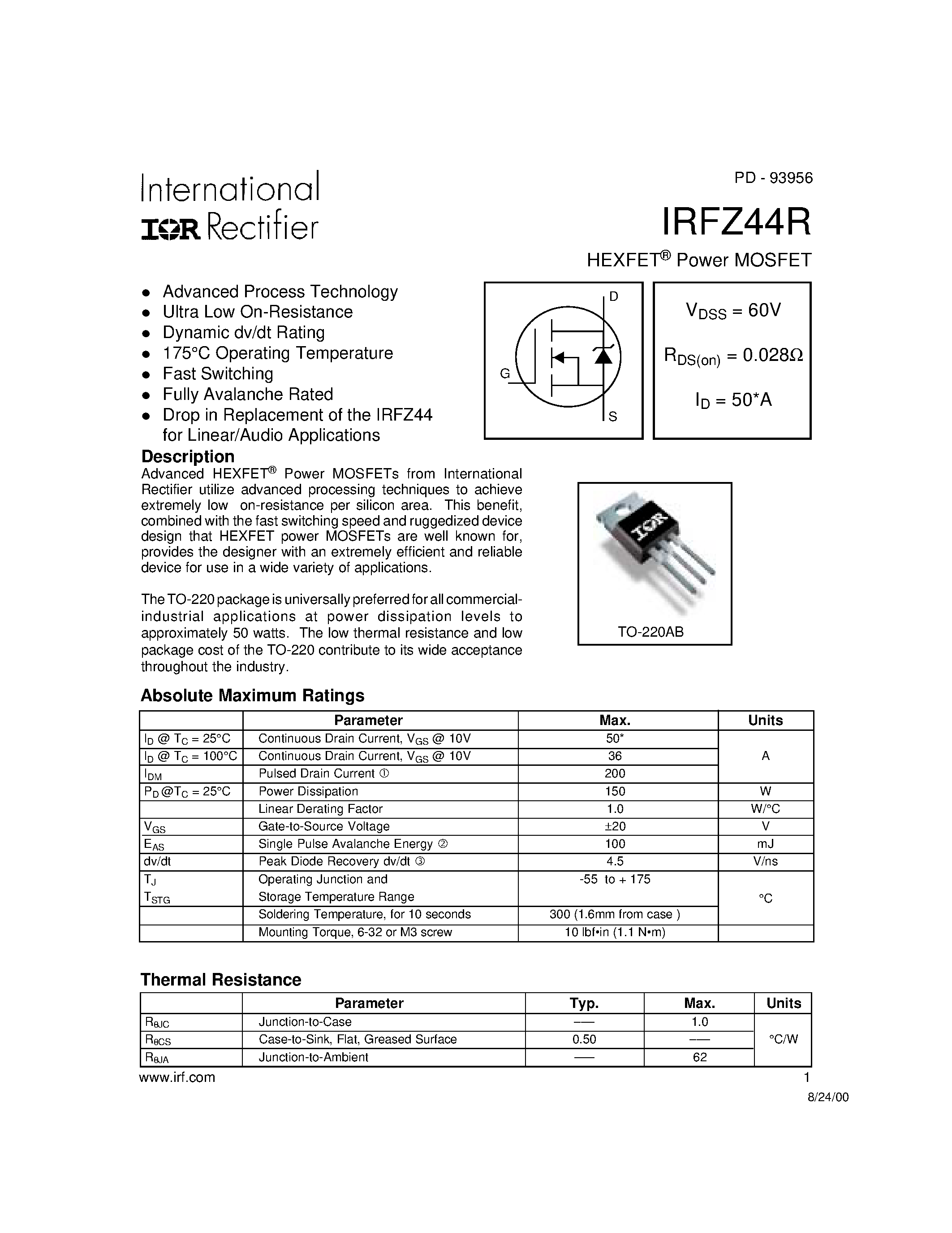 Даташит IRFZ44R - Power MOSFET страница 1