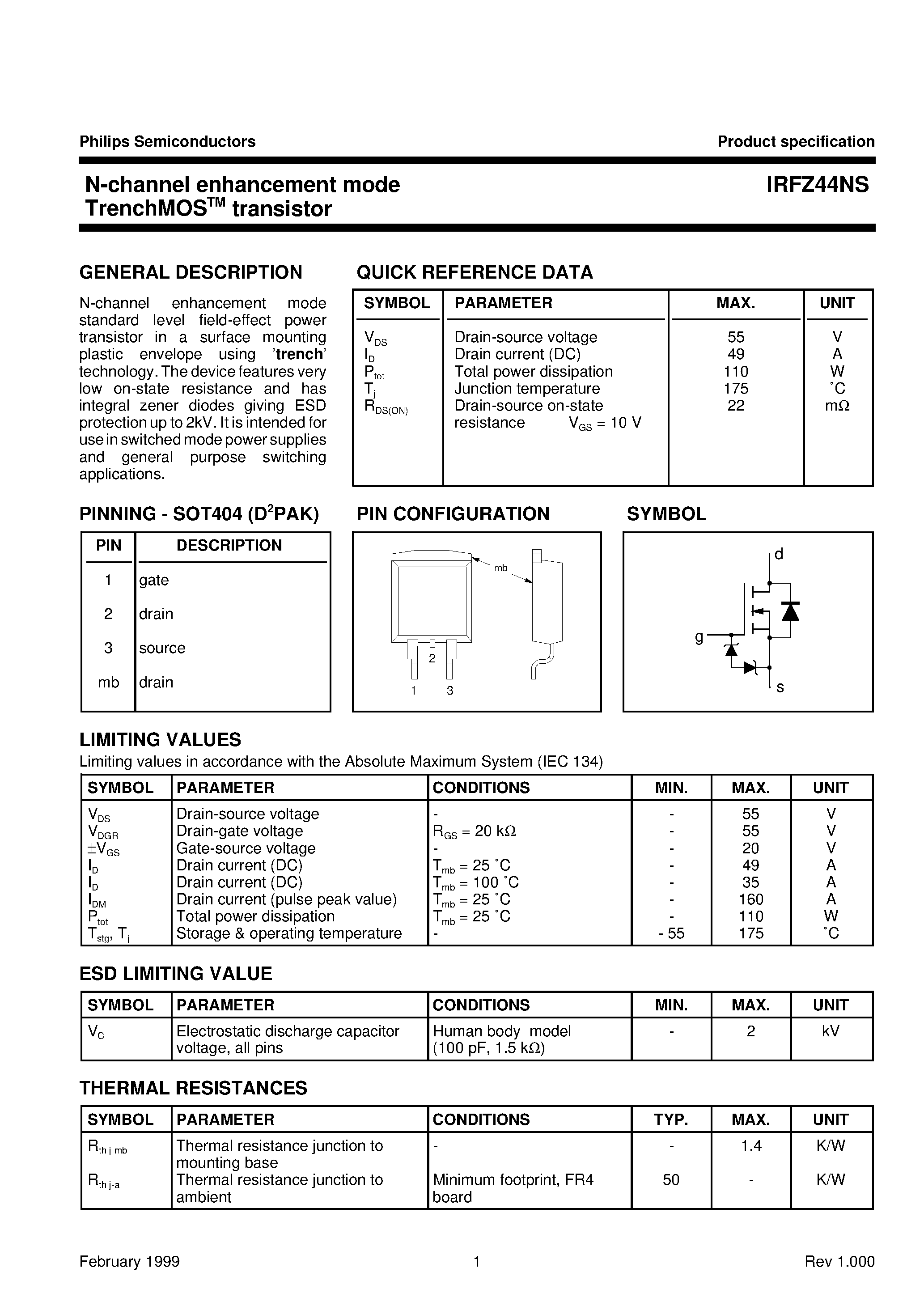 Даташит IRFZ44NS - N-channel enhancement mode TrenchMOS transistor страница 1