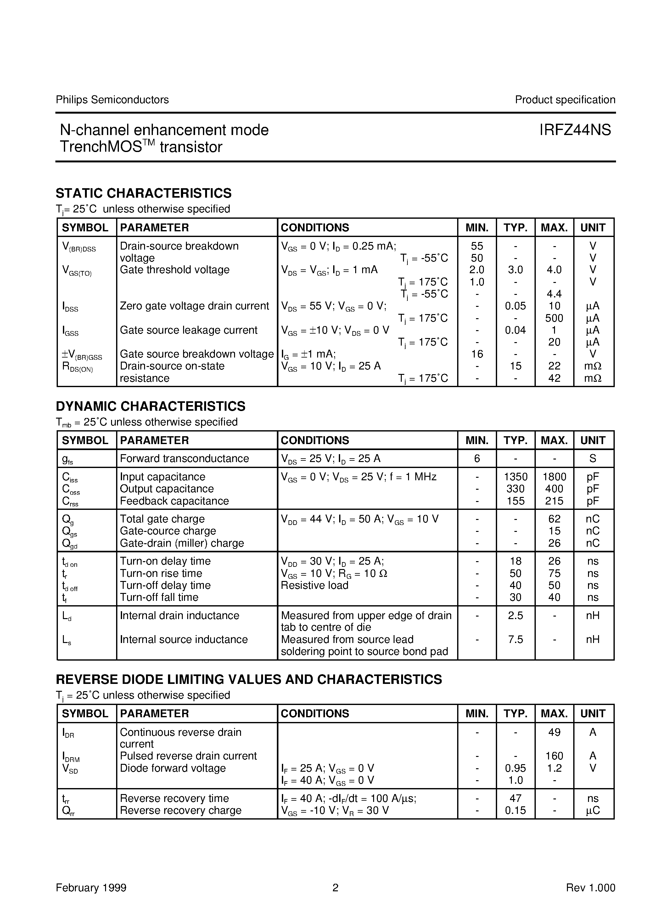 Даташит IRFZ44NS - N-channel enhancement mode TrenchMOS transistor страница 2