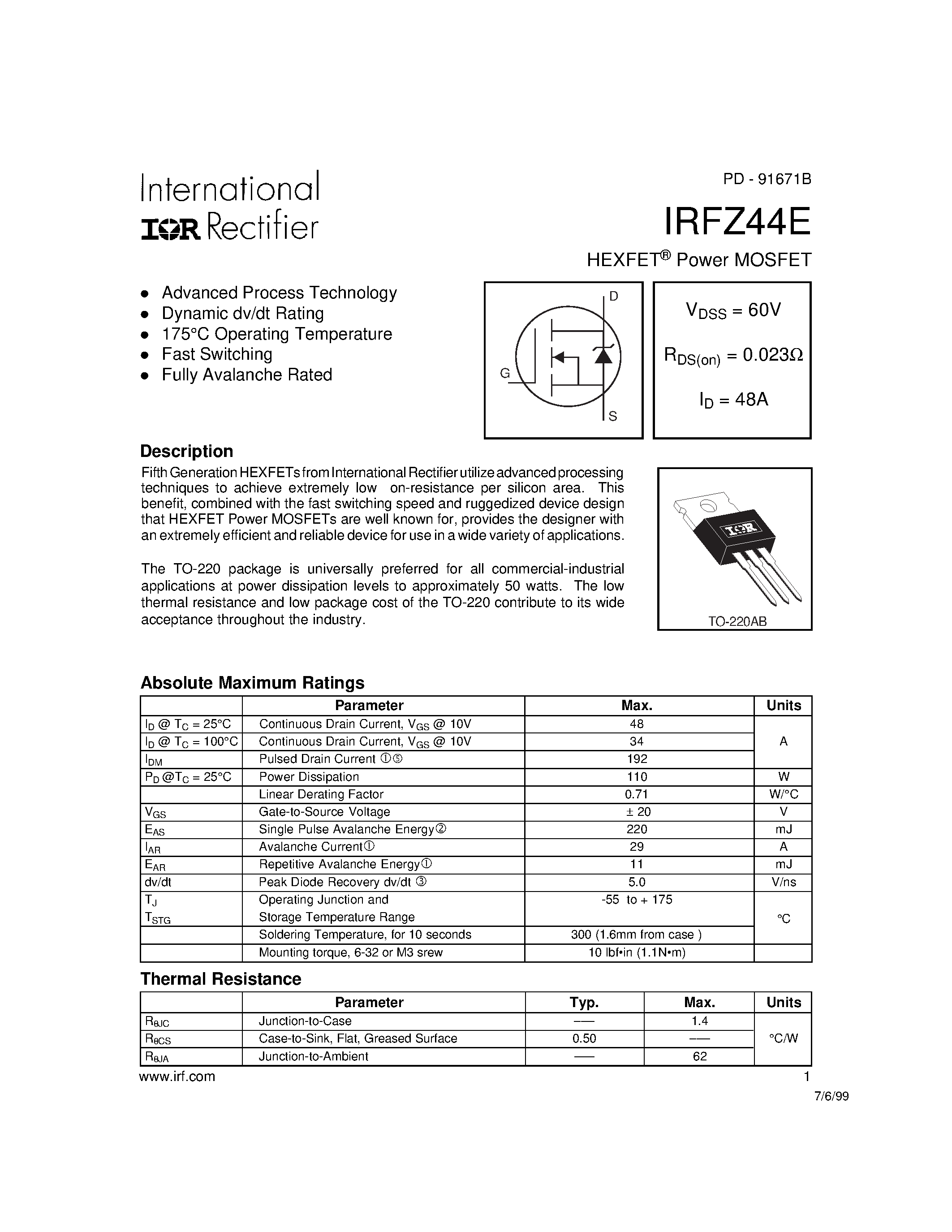 Даташит IRFZ44E - Power MOSFET страница 1