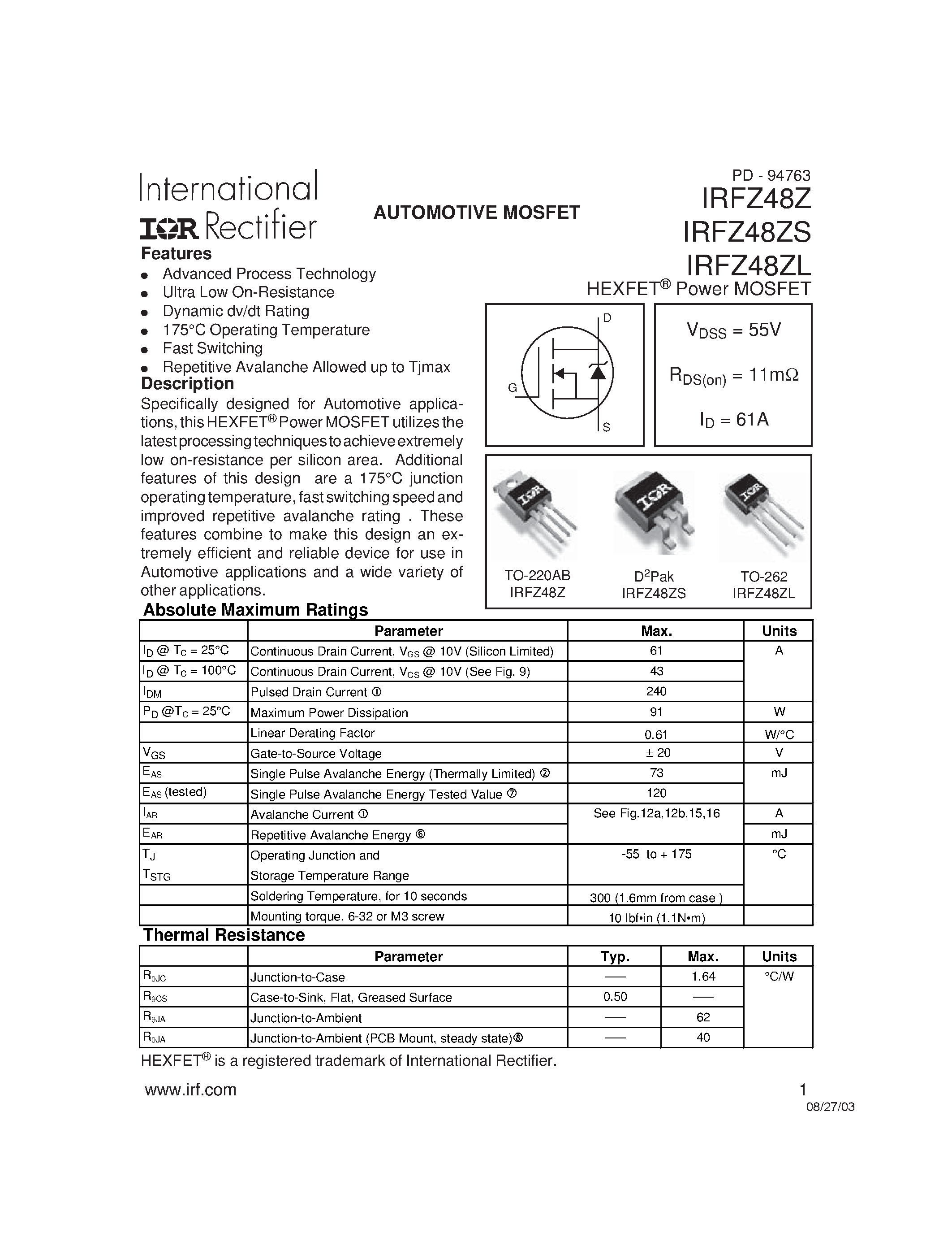 Даташит IRFZ48Z - AUTOMOTIVE MOSFET страница 1