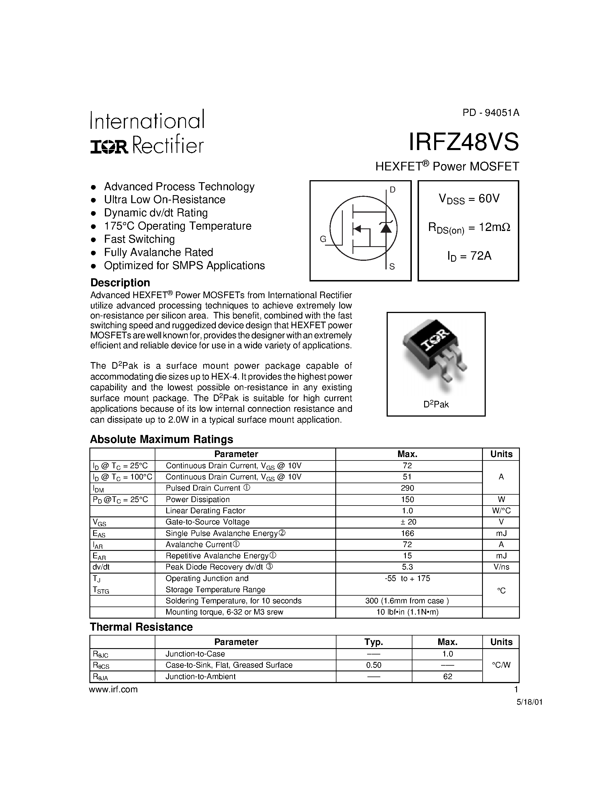 Даташит IRFZ48VS - Power MOSFET страница 1