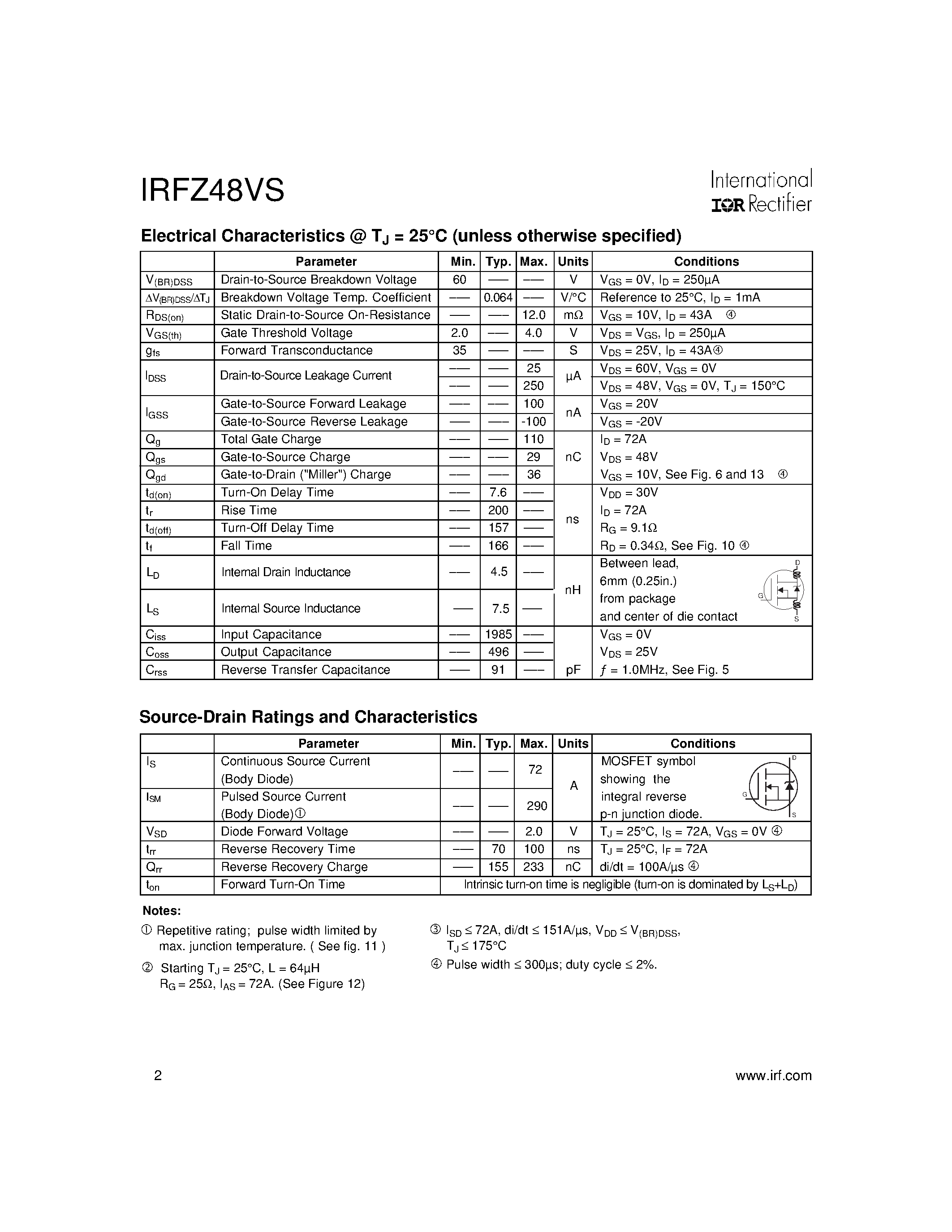 Даташит IRFZ48VS - Power MOSFET страница 2