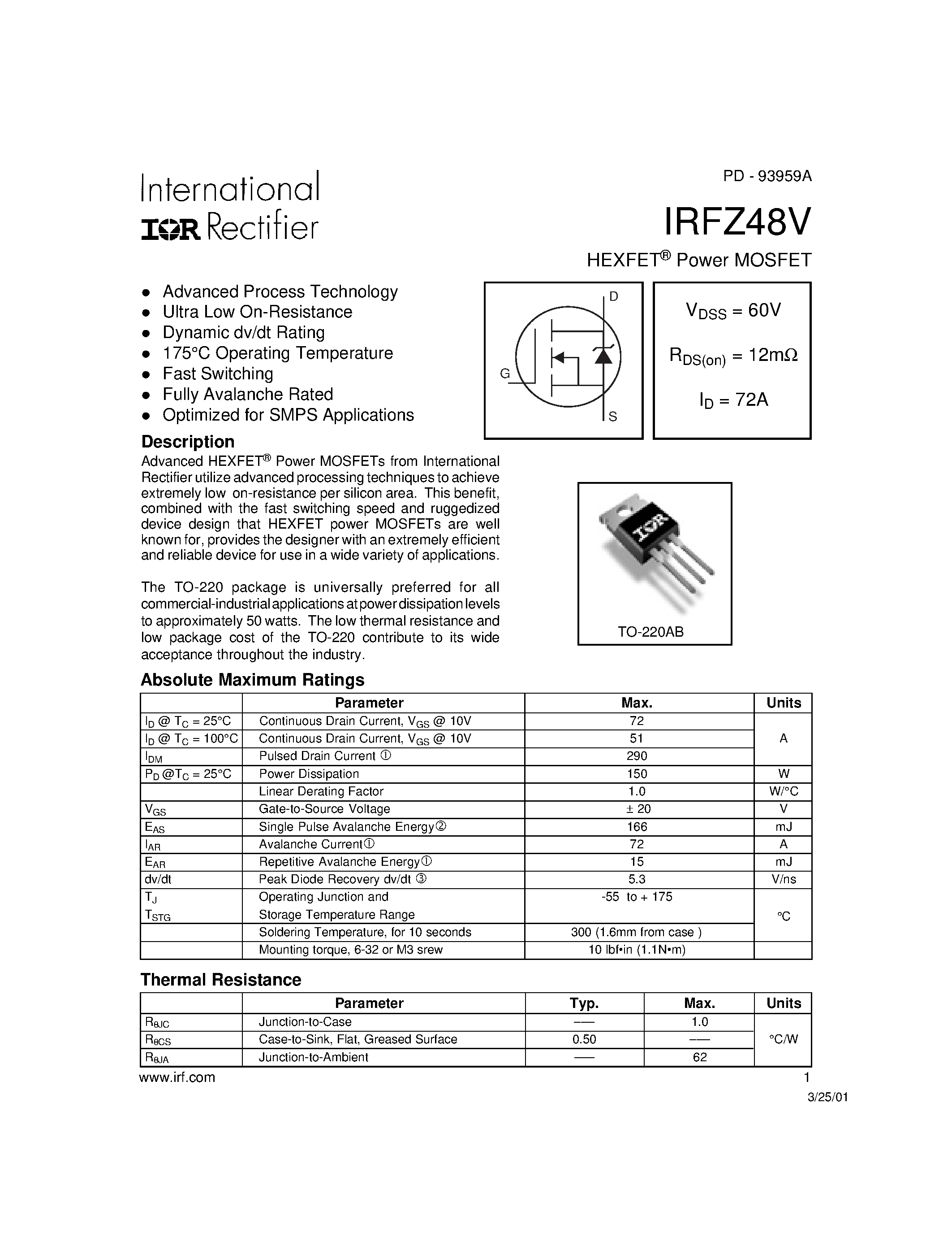 Даташит IRFZ48V - Power MOSFET страница 1