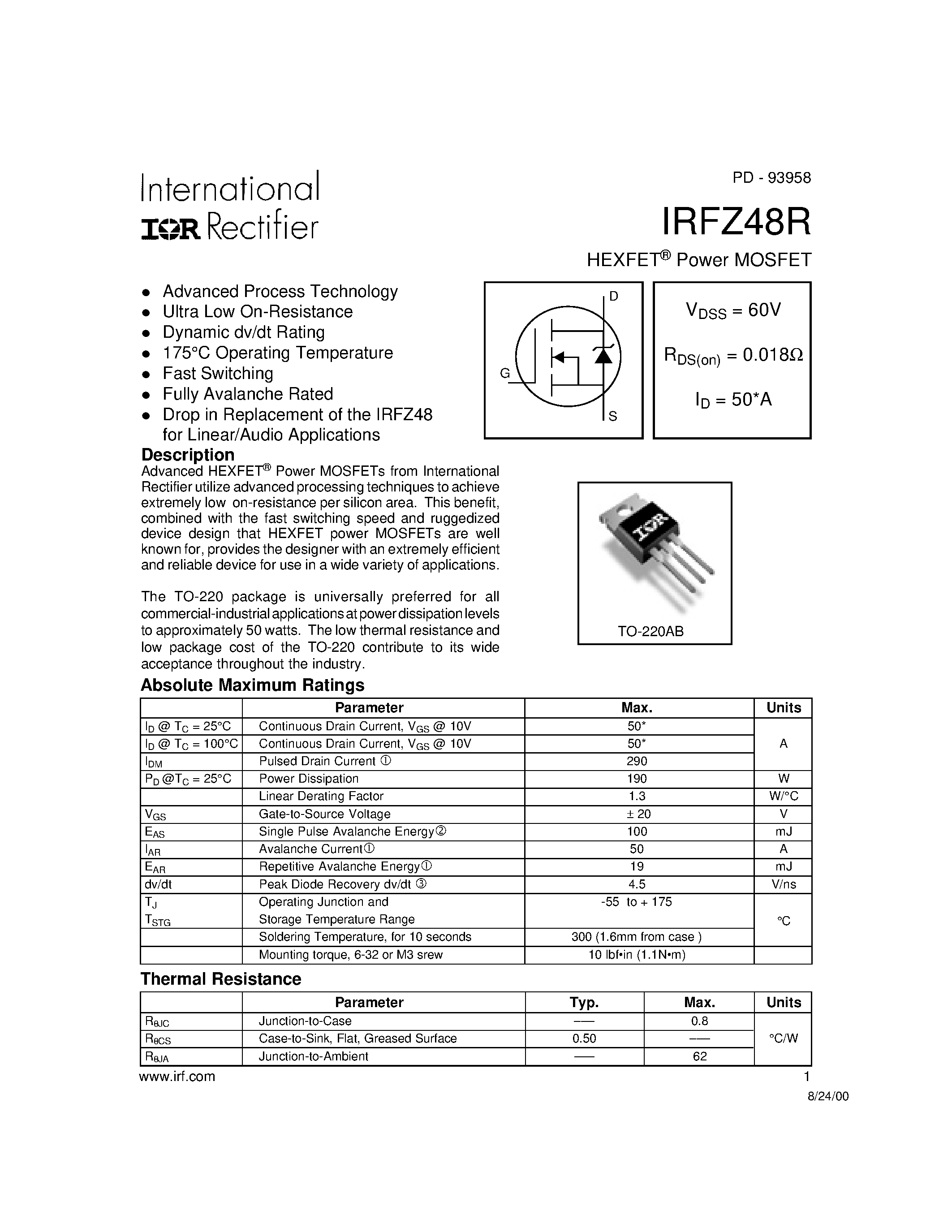 Даташит IRFZ48R - Power MOSFET страница 1