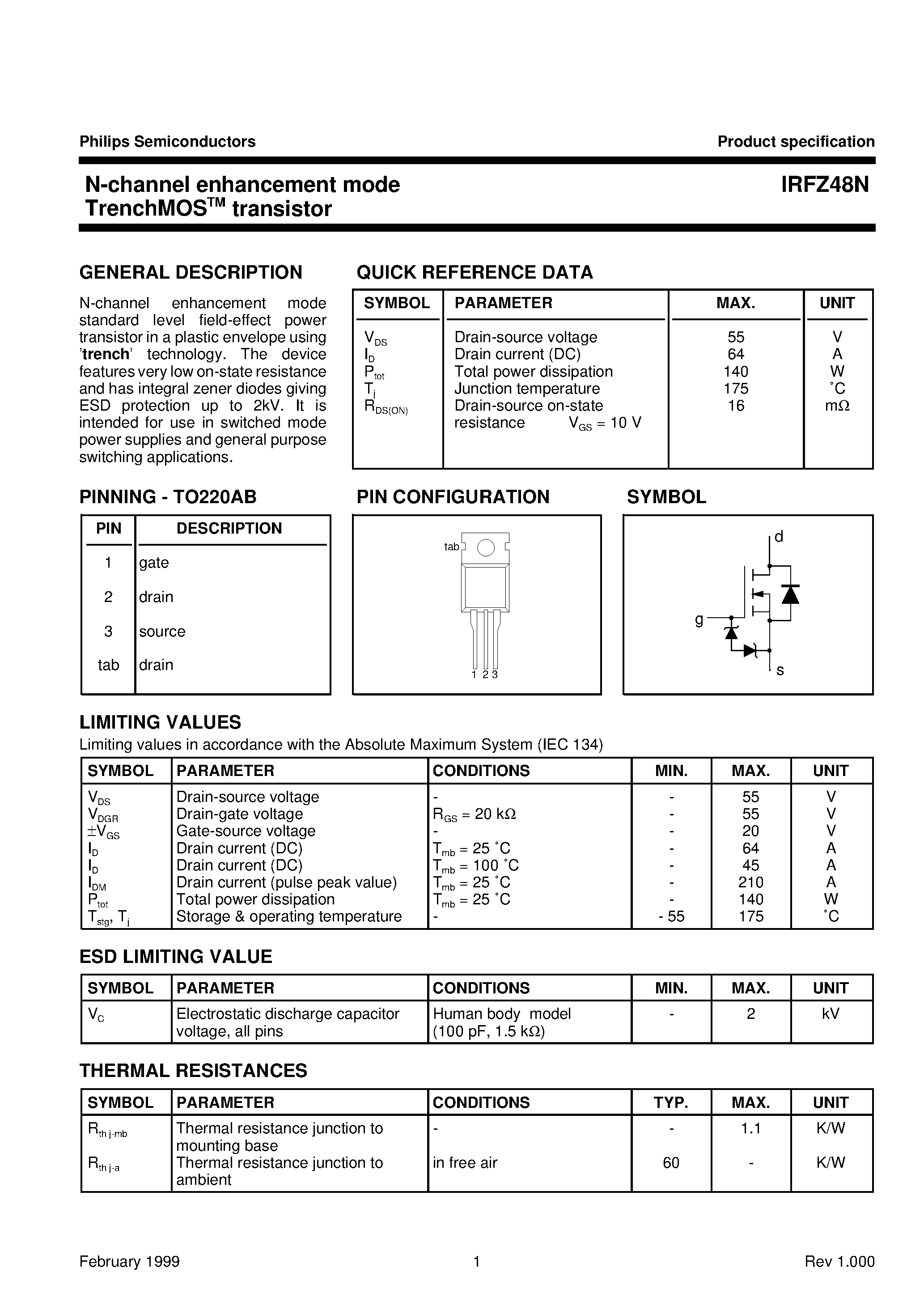 Даташит IRFZ48N - N-channel enhancement mode TrenchMOS transistor страница 1