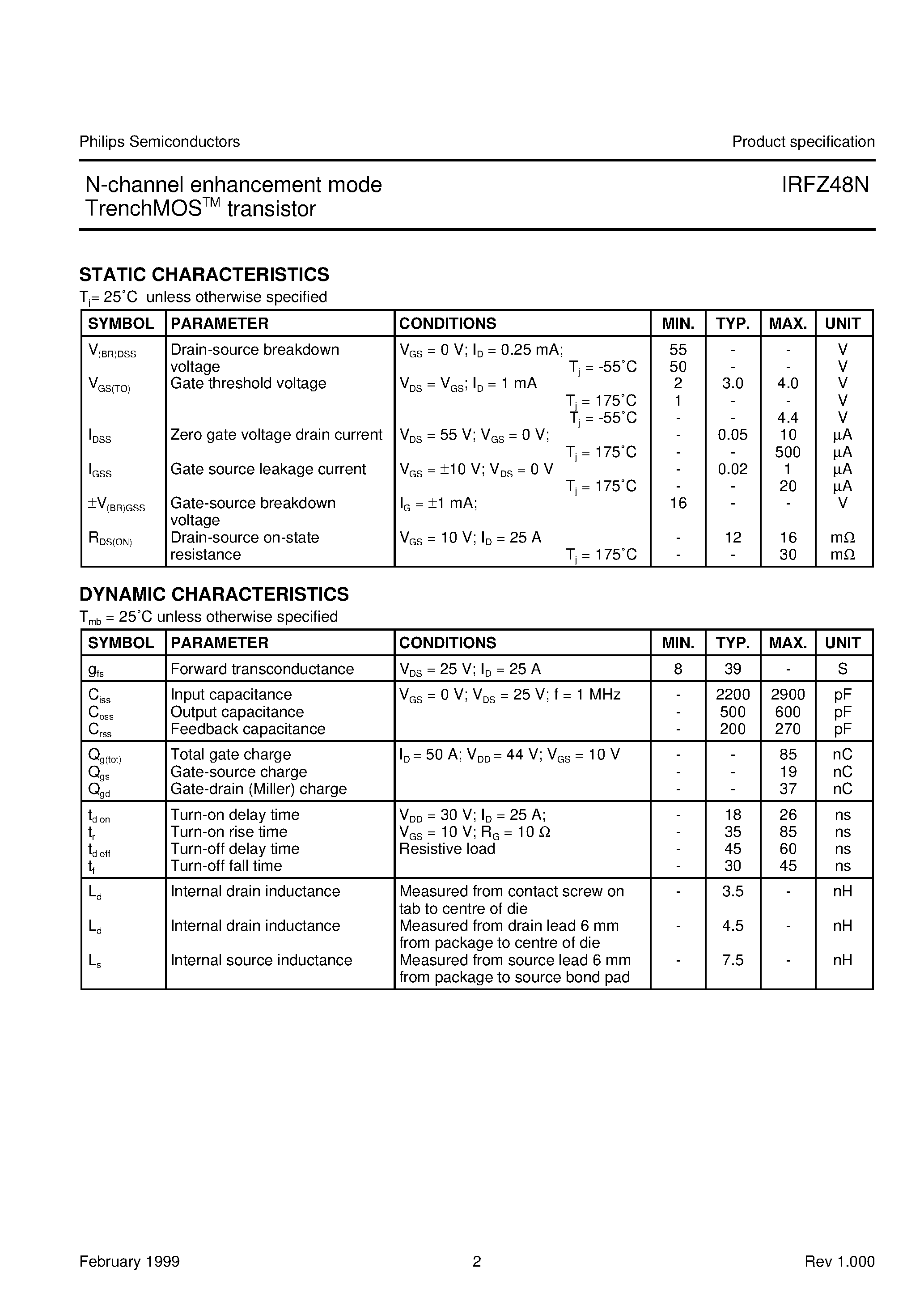 Даташит IRFZ48N - N-channel enhancement mode TrenchMOS transistor страница 2