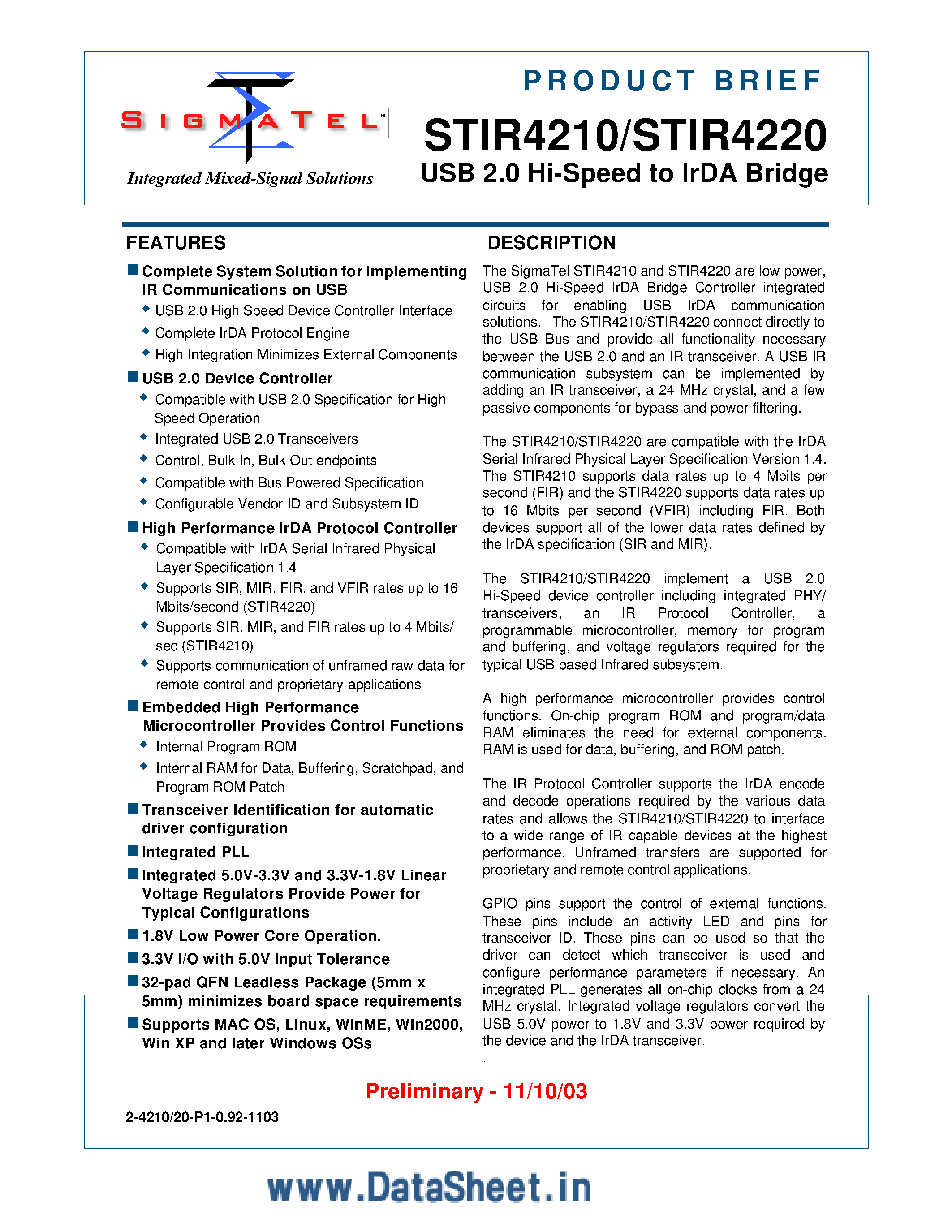 Даташит STIR4210 - (STIR4210 / STIR4220) USB 2.0 Hi-Speed to IrDA Bridge страница 1