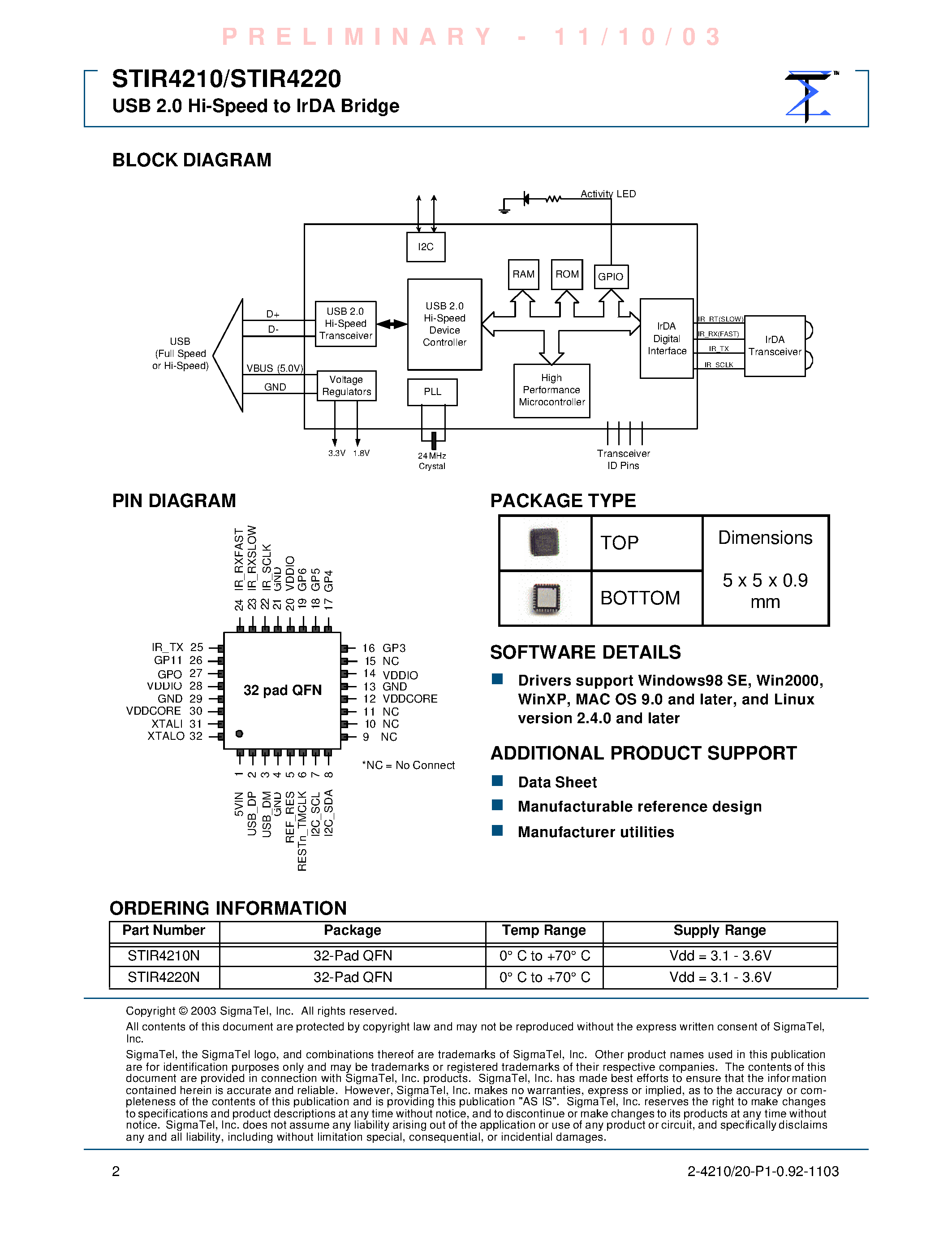 Даташит STIR4210 - (STIR4210 / STIR4220) USB 2.0 Hi-Speed to IrDA Bridge страница 2