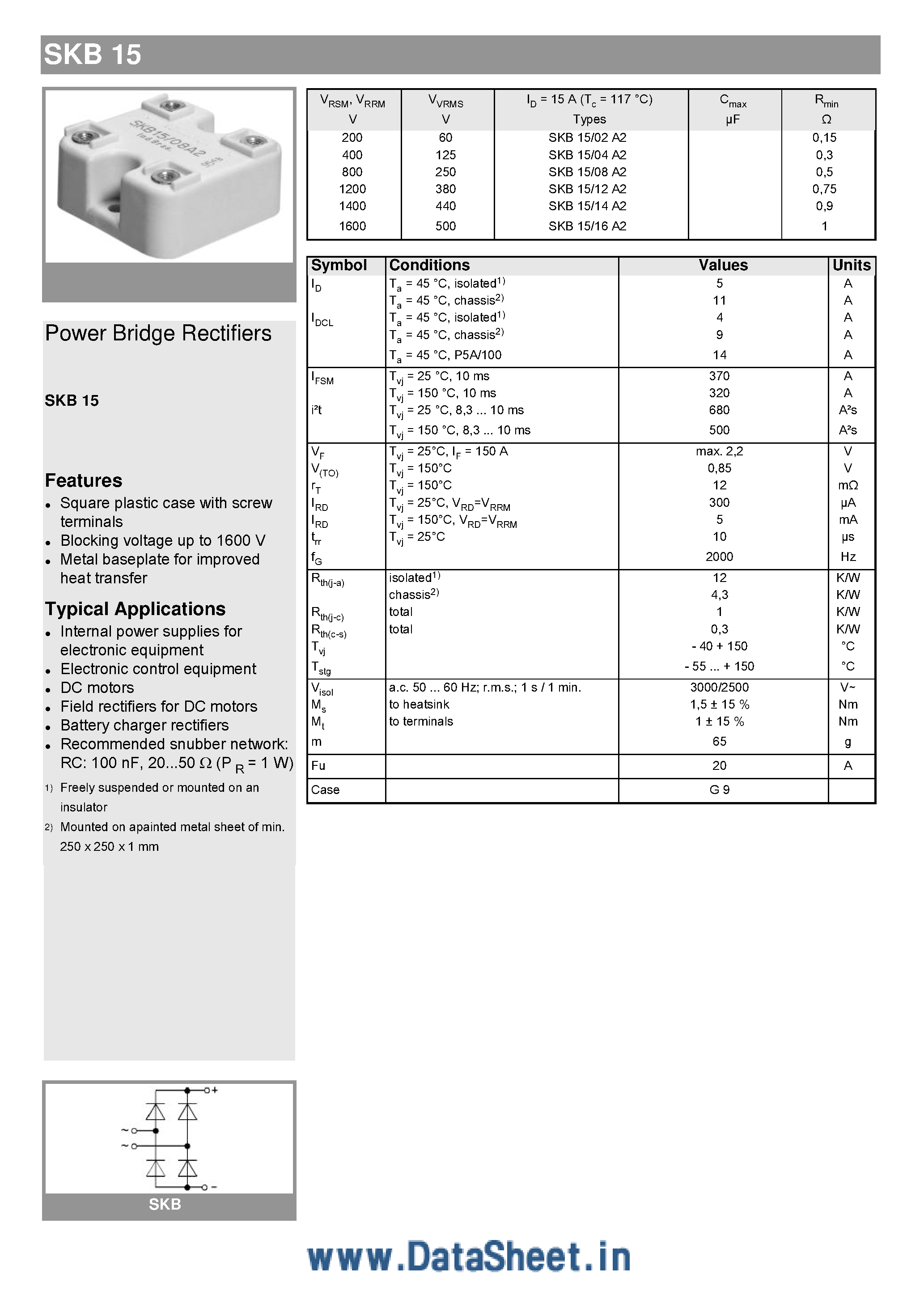 Datasheet SKB15 - Power Bridge Rectifiers page 1