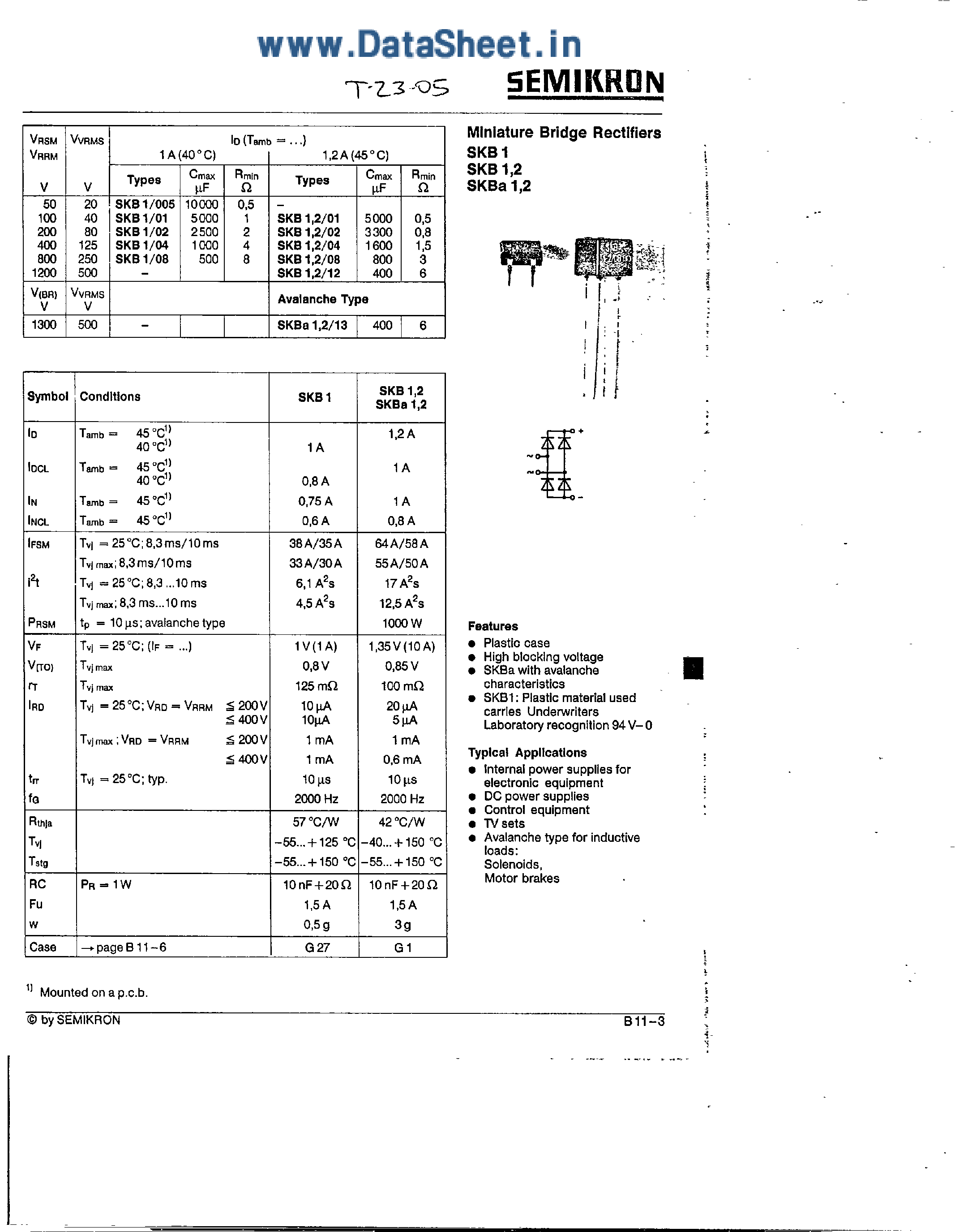 Datasheet SKB1xx - Miniature Bridge Rectifiers page 1