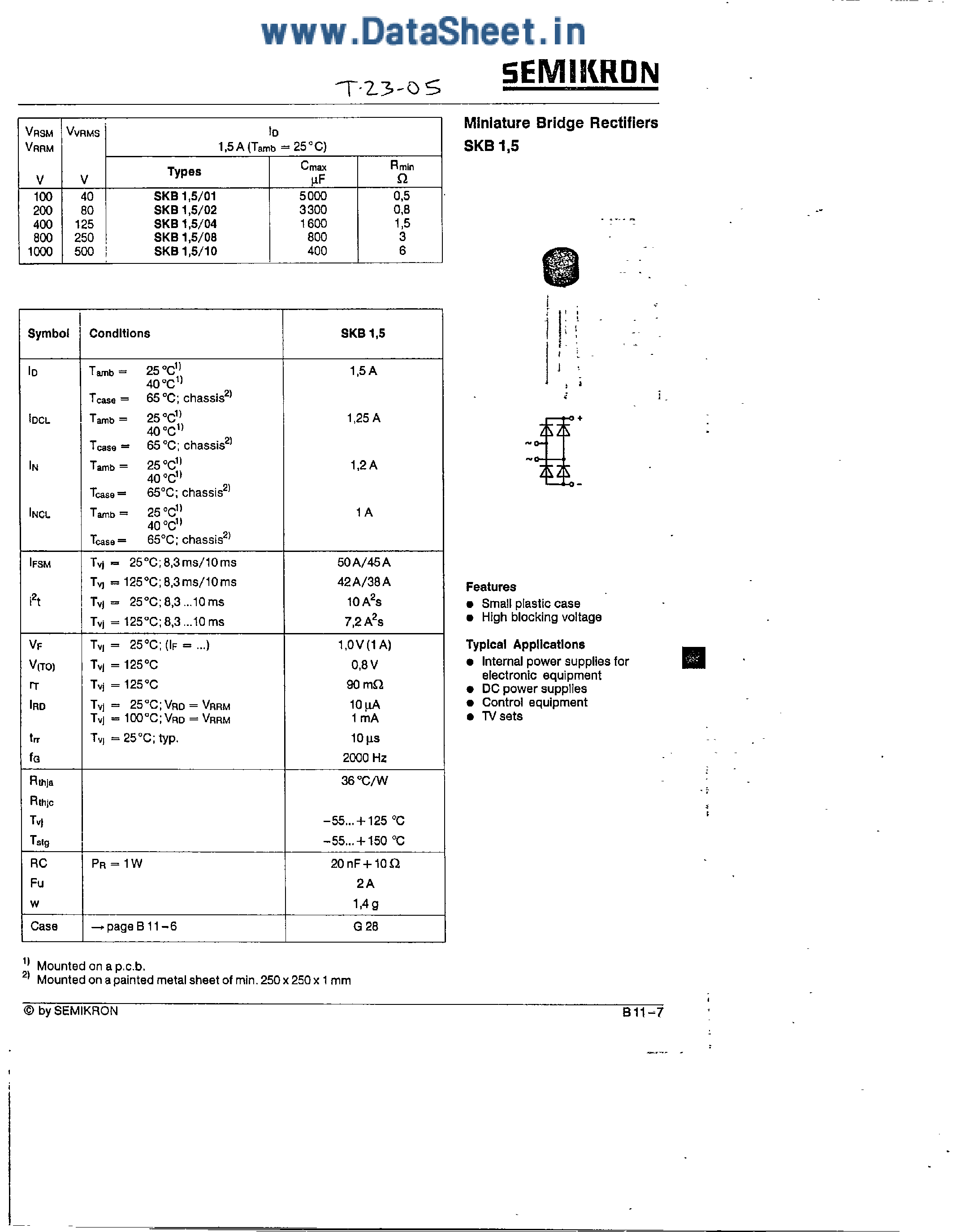 Datasheet SKB1.5xx - Miniature Bridge Rectifiers page 1