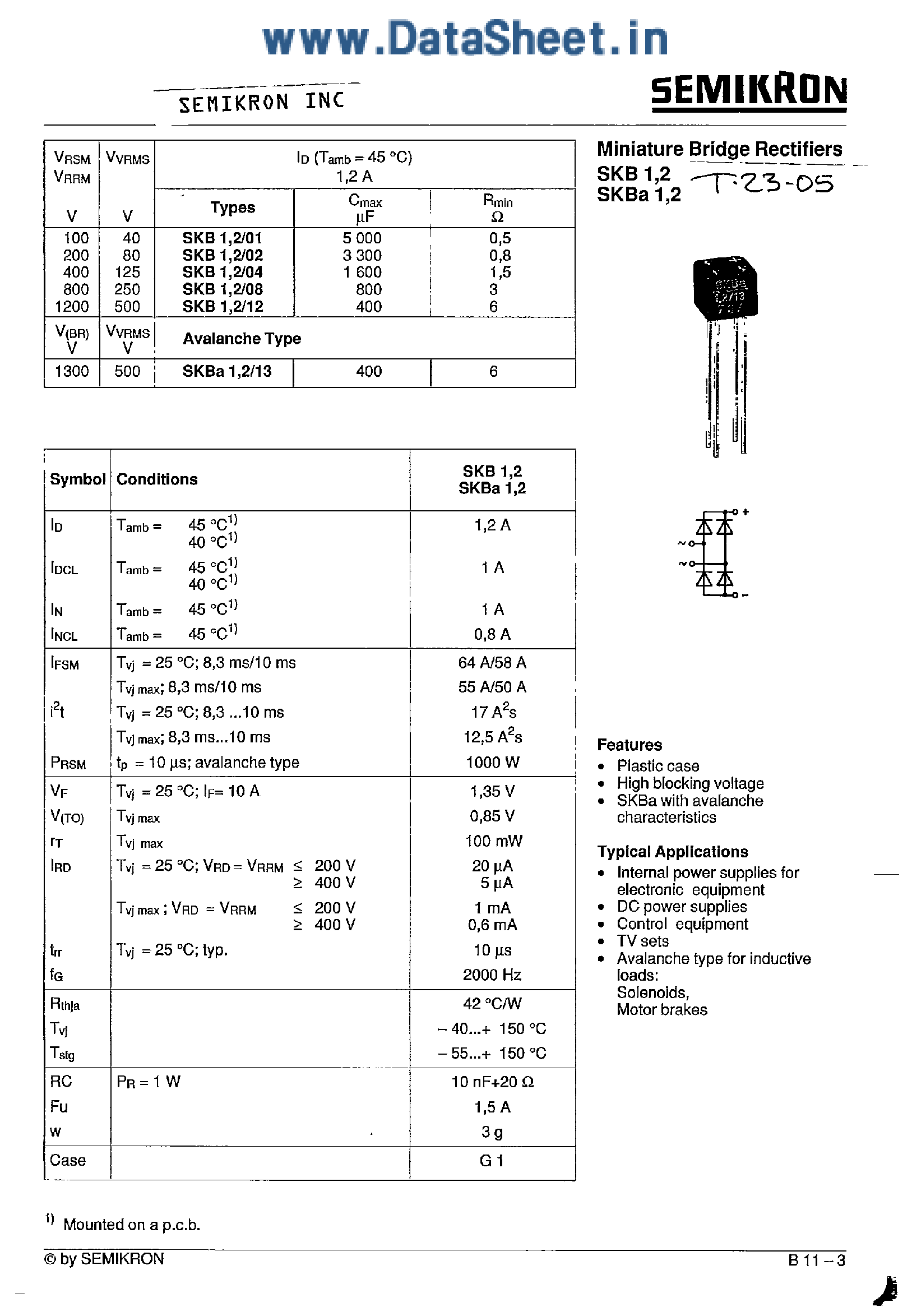 Datasheet SKB1.2xx - Miniature Bridge Rectifiers page 1