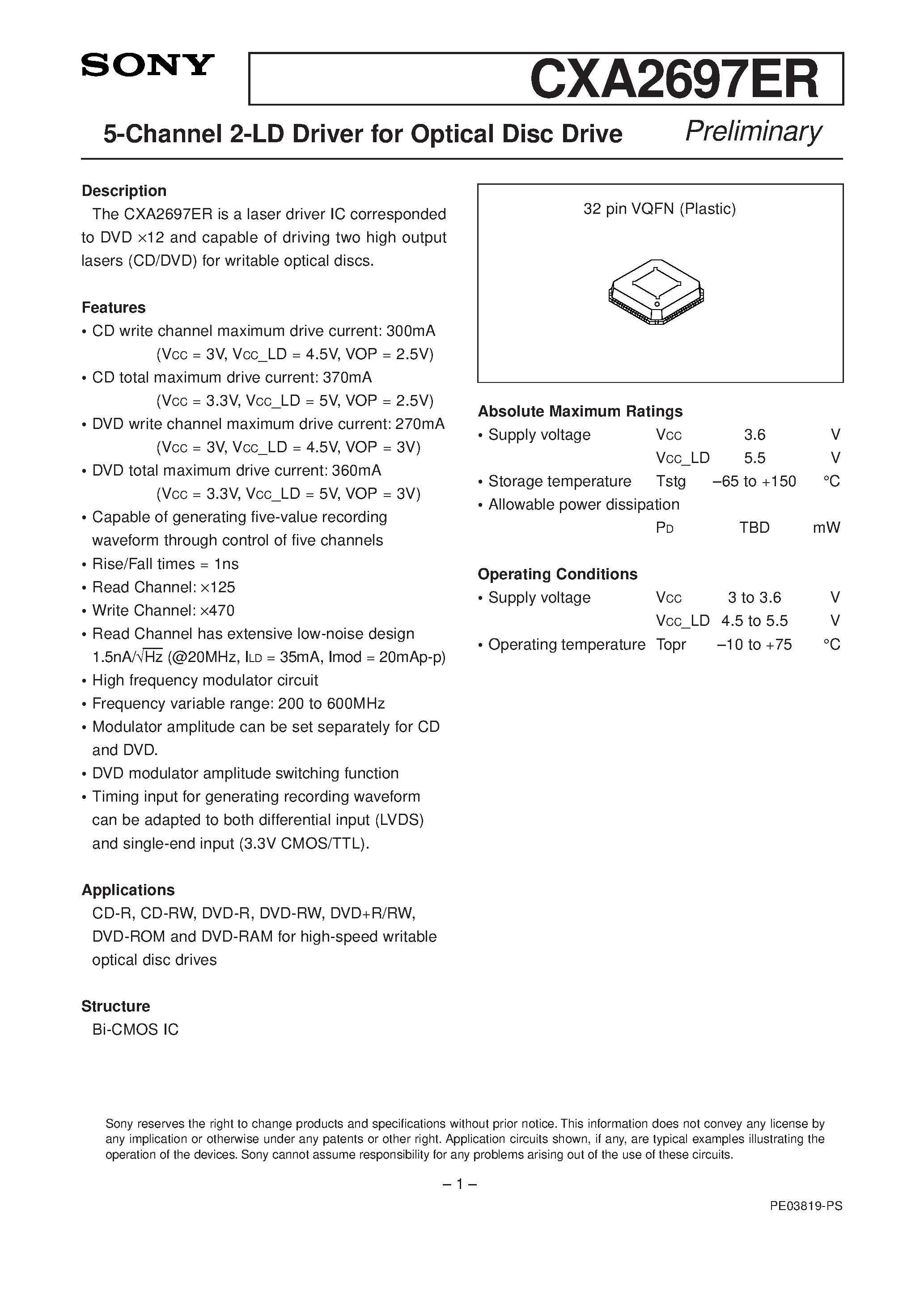 Datasheet CXA2697ER - 5-Channel 2-LD Driver For Optical Disc Drive page 1