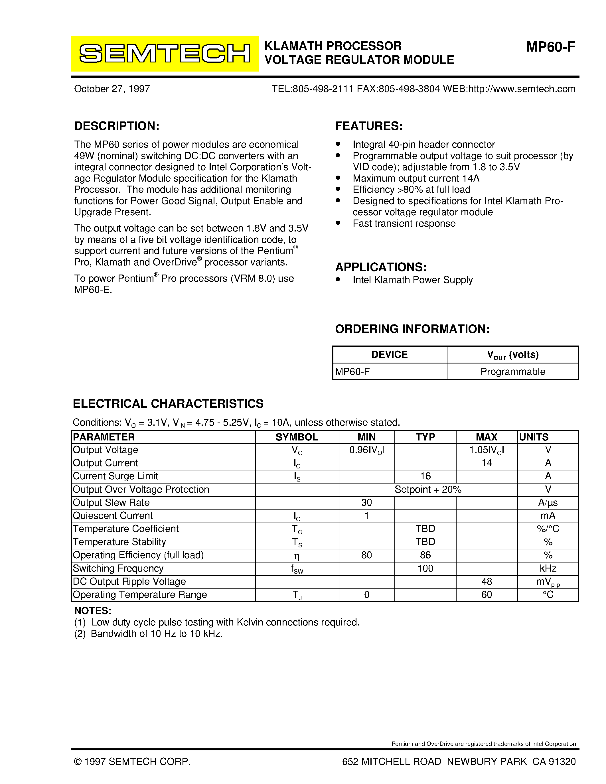 Даташит MP60-F - KLAMATH PROCESSOR VOLTAGE REGULATOR MODULE страница 1