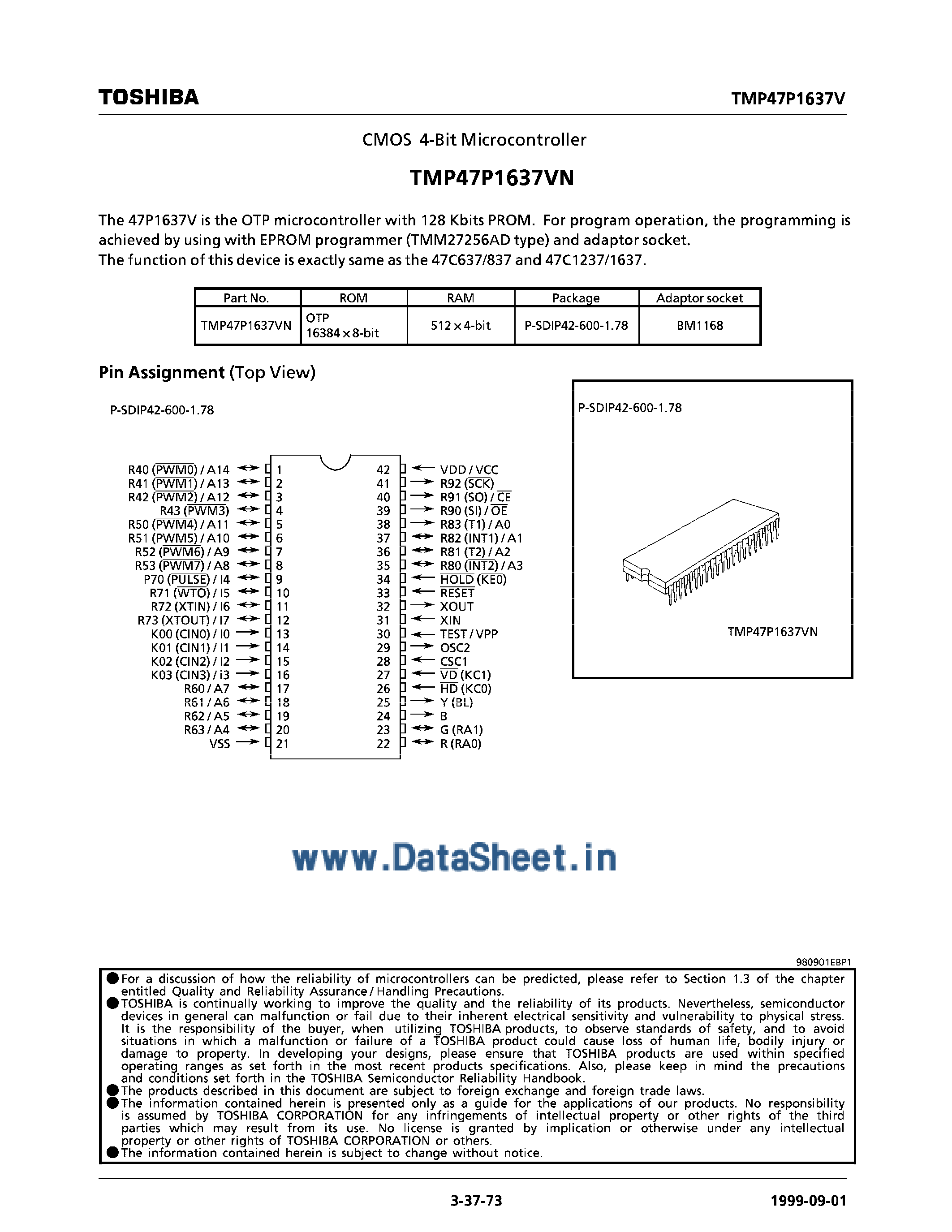 Datasheet TMP47P1637VN - CMOS 4-Bit Microcontroller page 1