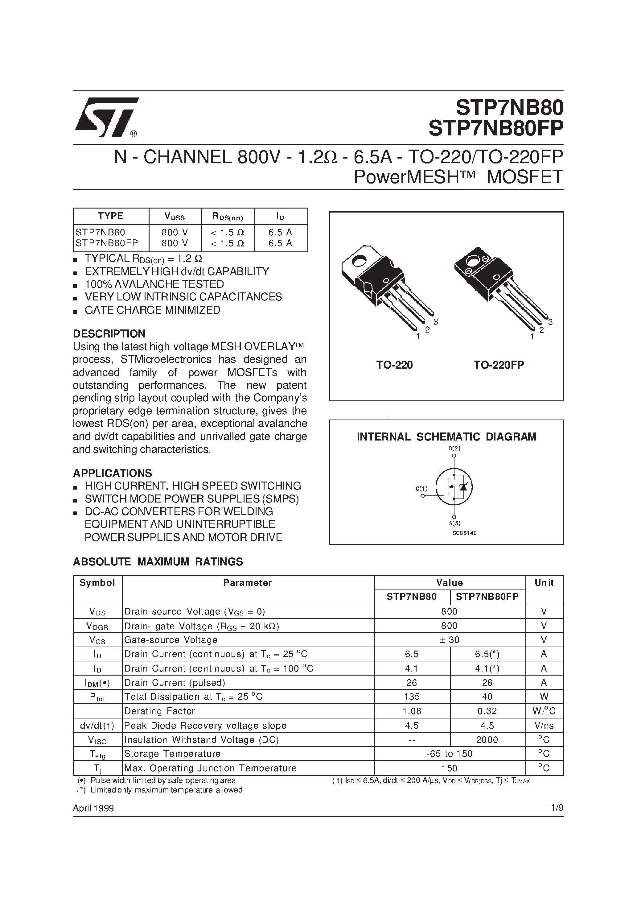 Даташит STP7NB80 - N - CHANNEL 800V - 1.2ohm - 6.5A - TO-220/TO-220FP PowerMESH MOSFET страница 1