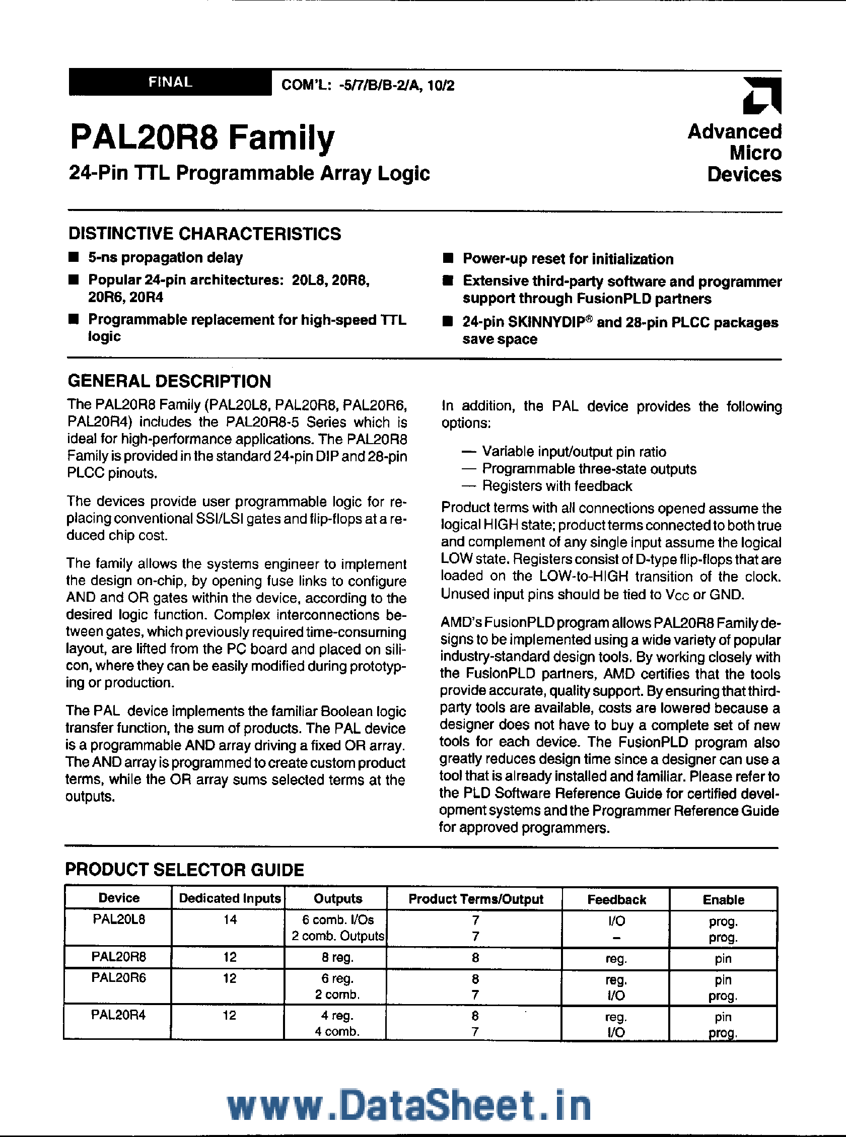 Даташит PAL20Rx - 28 Pin TTL Programmable Array Logic страница 1