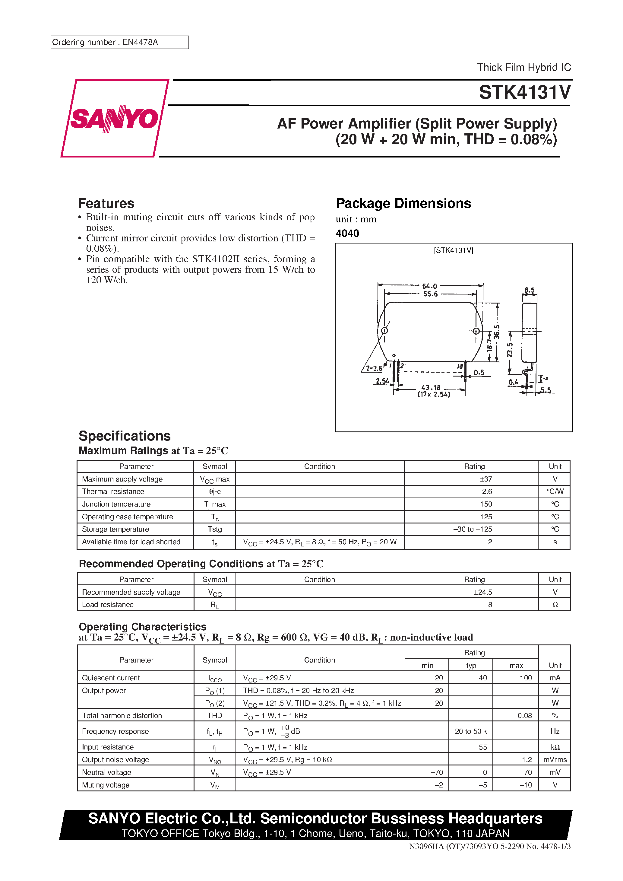 Datasheet STK4131V - AF Power Amplifier page 1