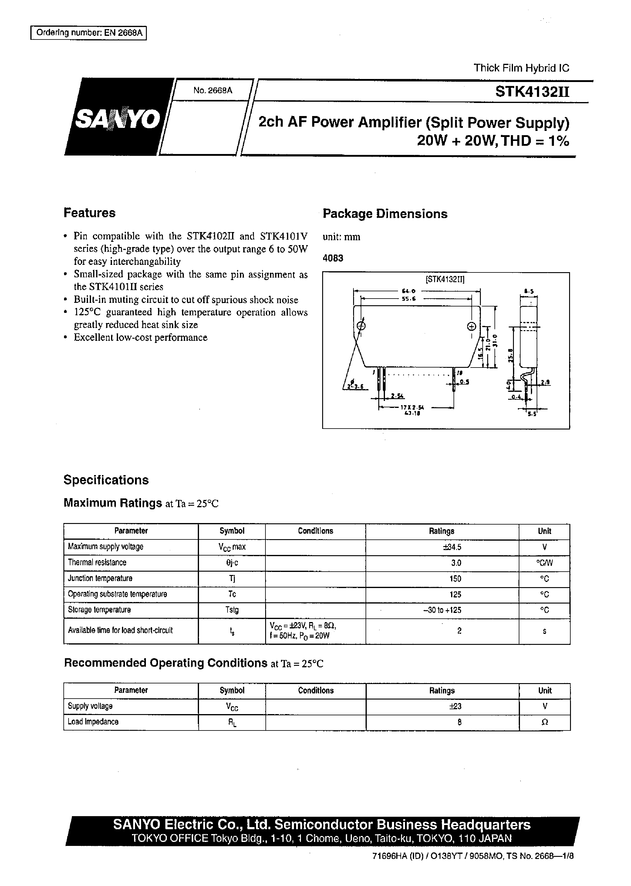 Datasheet STK4132II - 2ch AF Power Amplifier page 1