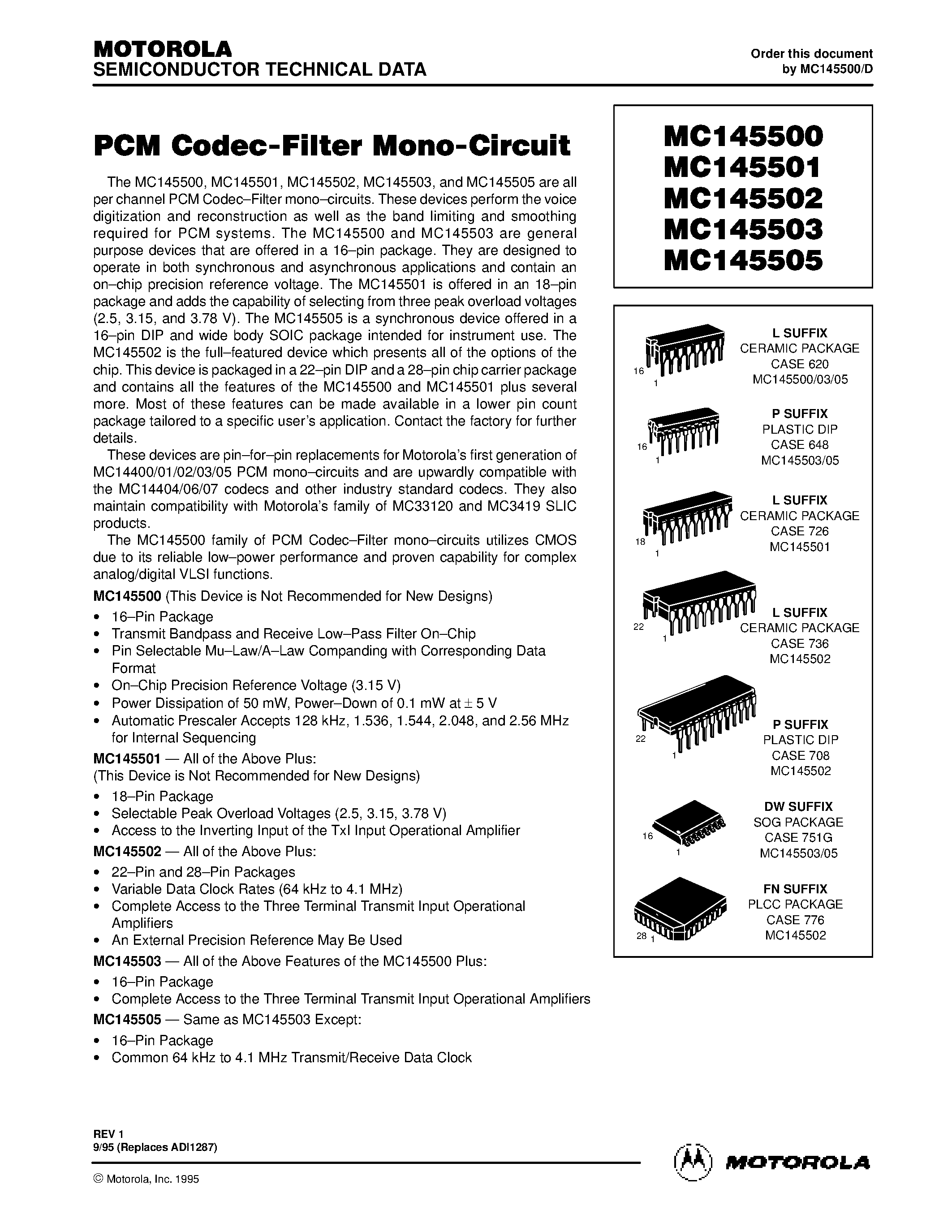 Даташит MC145500 - (MC145500 - MC145505) PCM Codec-Filter Mono-Circuit страница 1