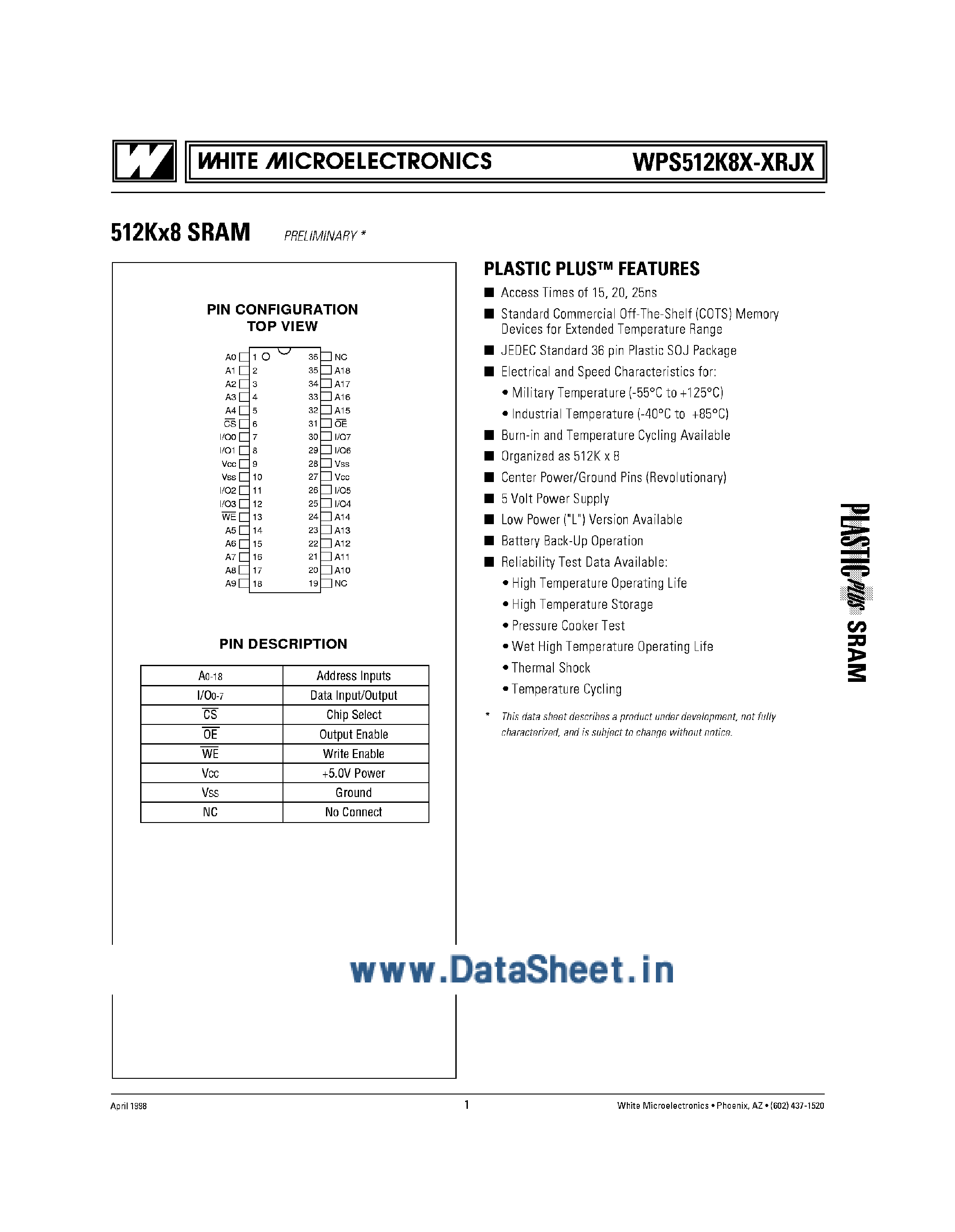 Datasheet WPS512K8x - 512K x 8 SRAM page 1