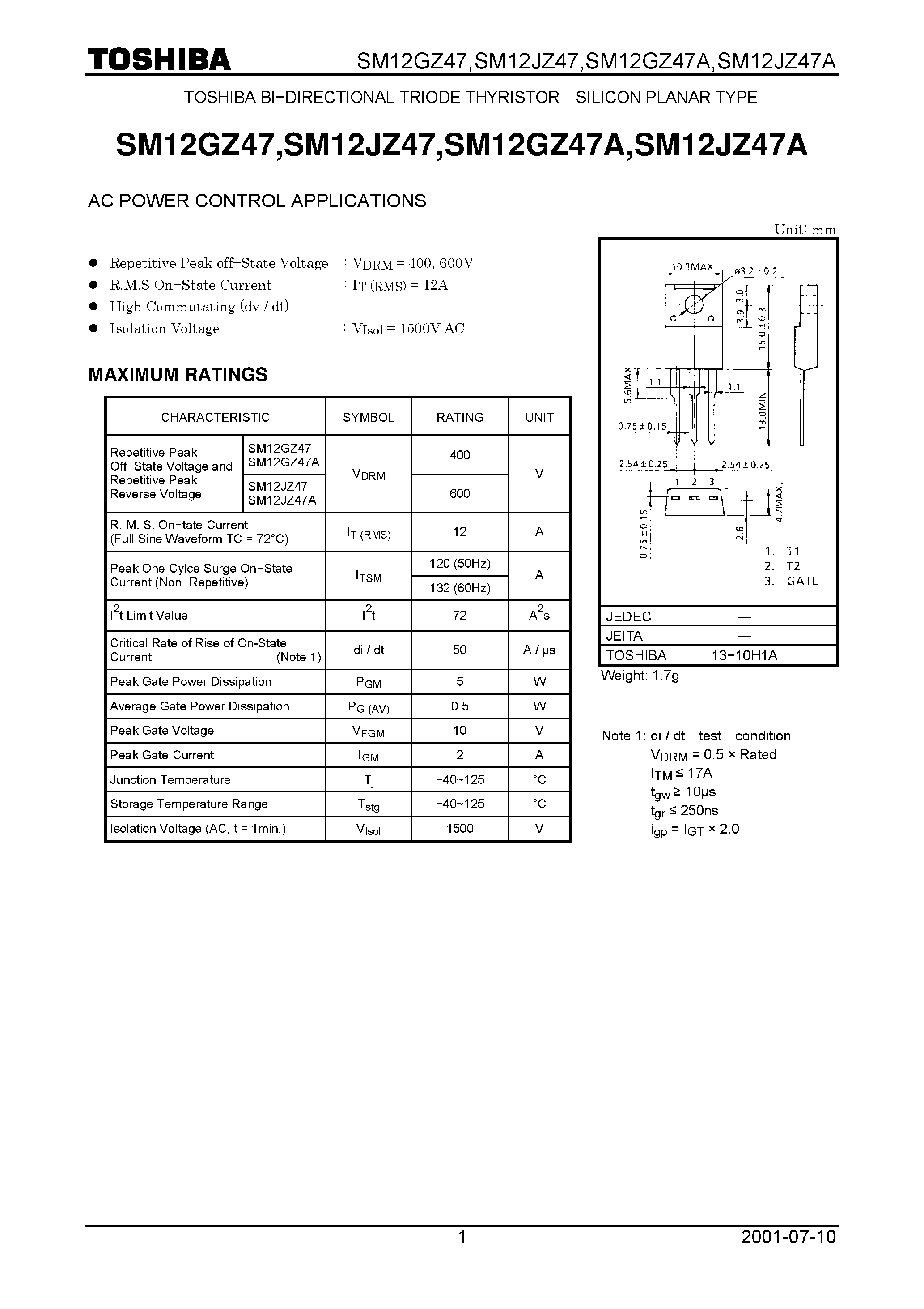 Datasheet SM12JZ47 - AC POWER CONTROL APPLICATIONS page 1