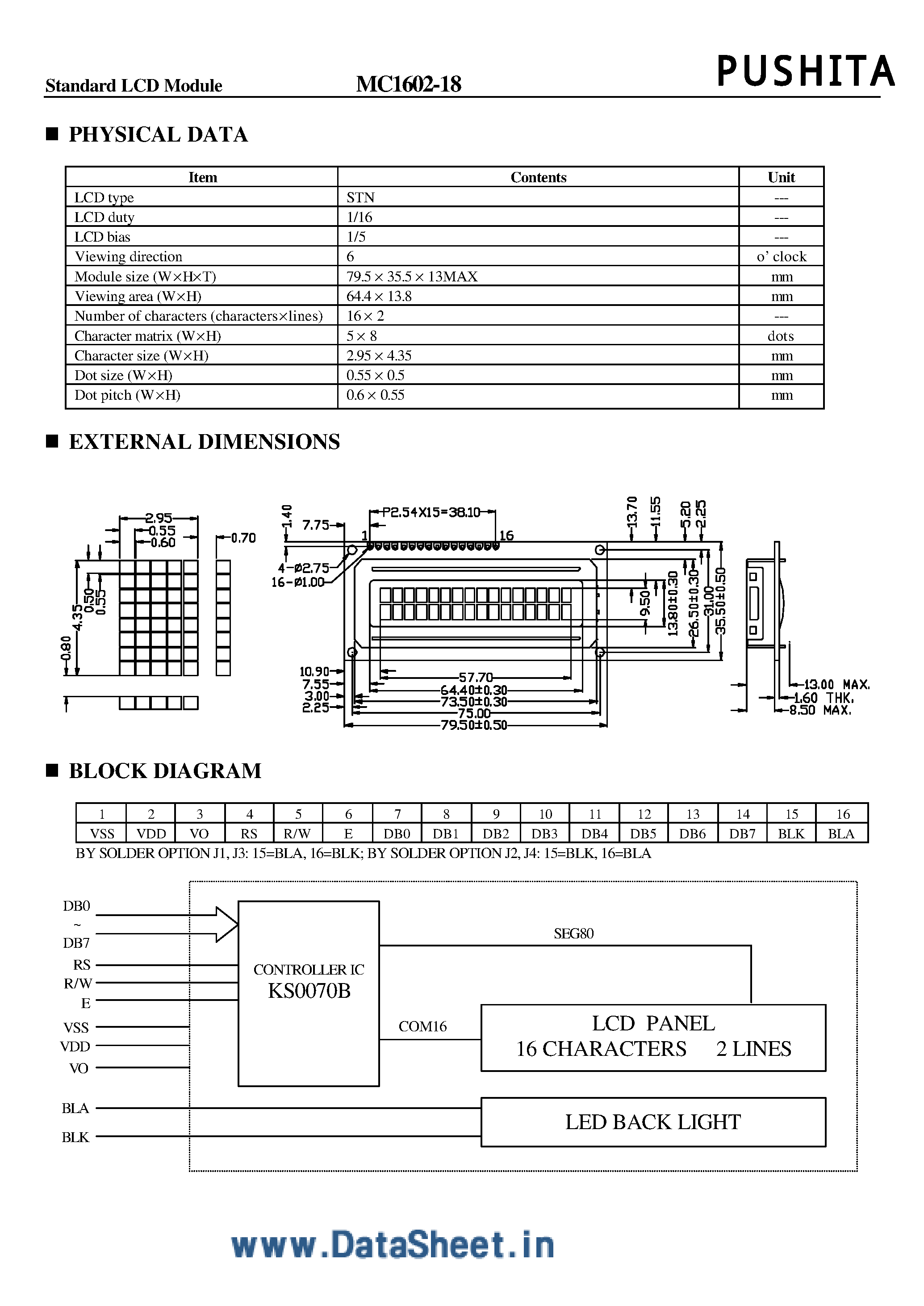 Даташит MC1602-18 - Standard LCD Module страница 1