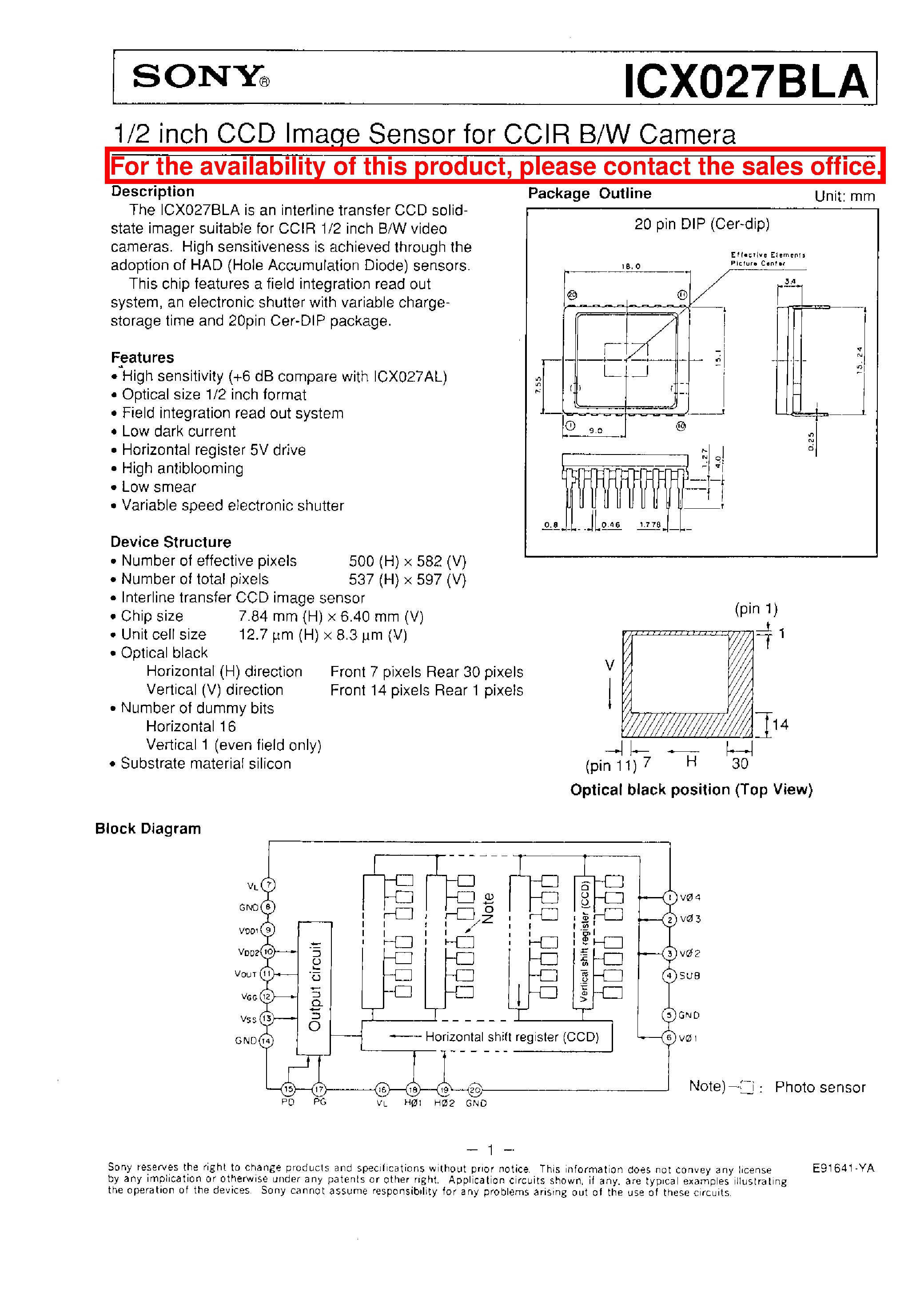 Datasheet ICX027BLA - 1/2 INCH CCD IMAGE SENSOR FOR CCIR B/W CAMERA page 1