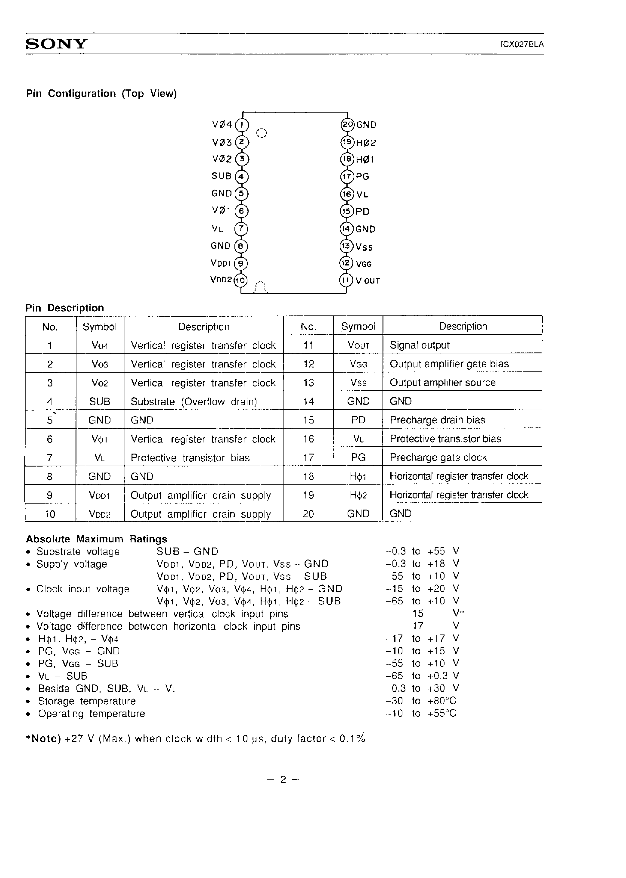 Datasheet ICX027BLA - 1/2 INCH CCD IMAGE SENSOR FOR CCIR B/W CAMERA page 2