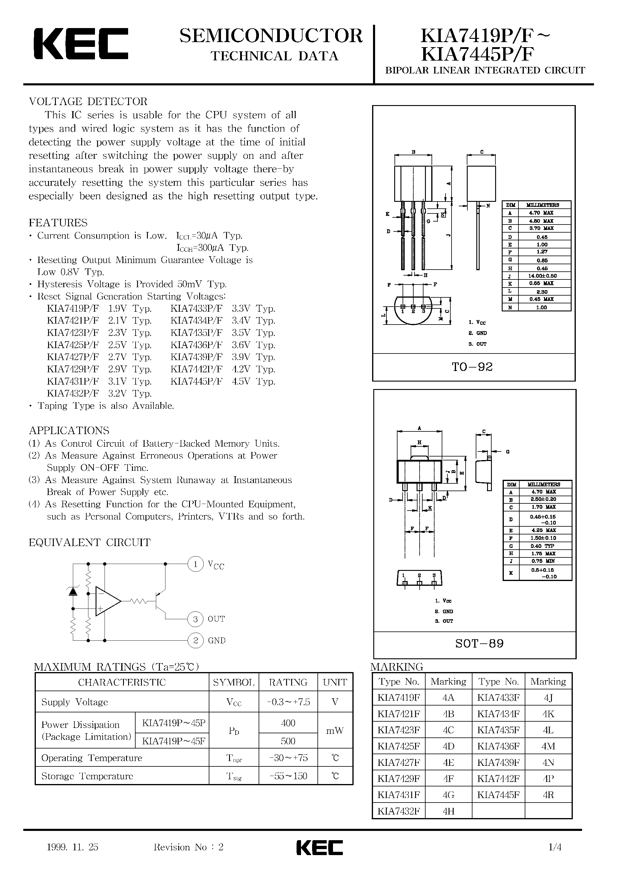 Datasheet KIA7419 - (KIA7419 - KIA7445) VOLTAGE DETECTOR page 1