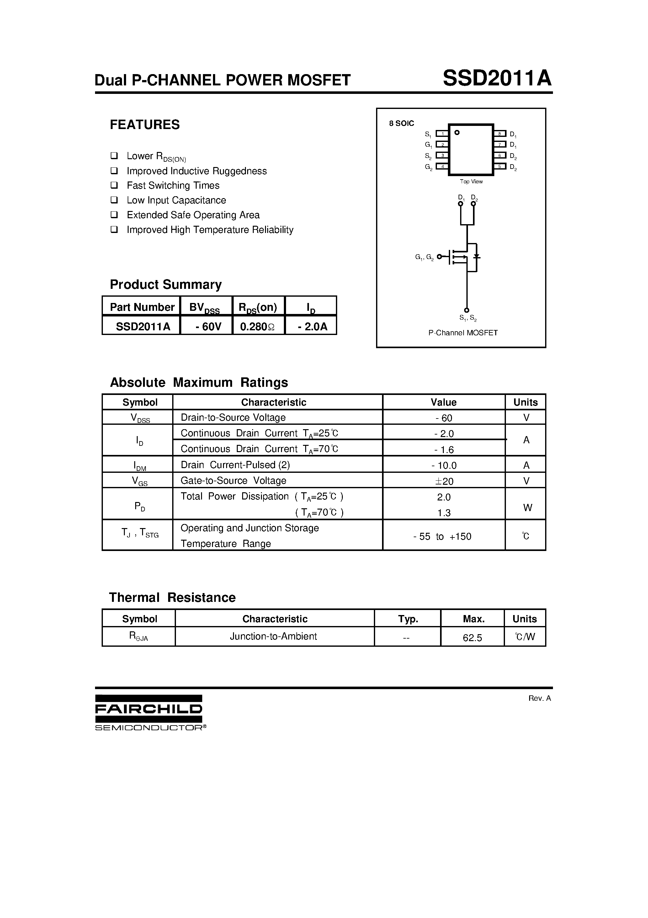 Даташит SSD2011A - Dual P-CHANNEL POWER MOSFET страница 1