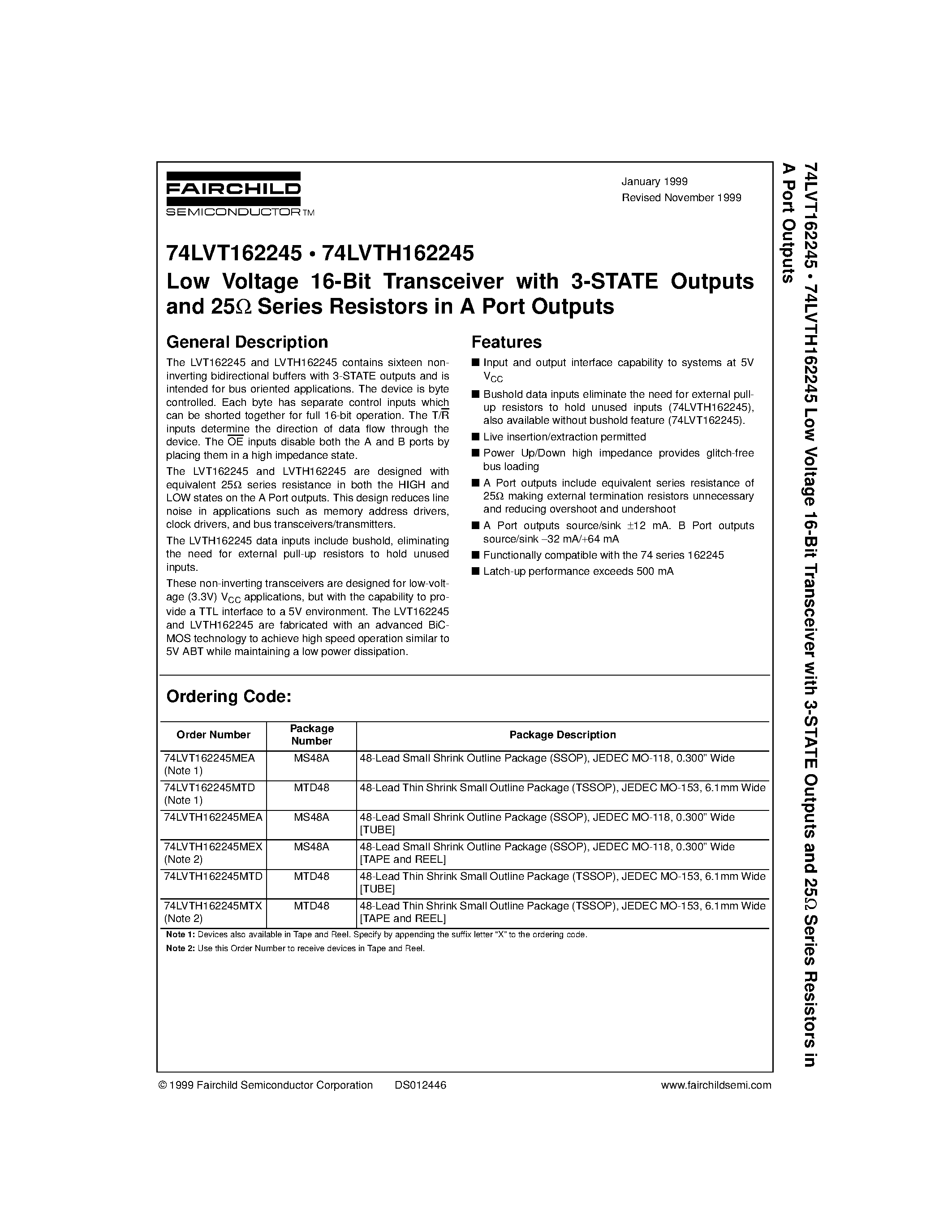 Datasheet 74LVT162245 - Low Voltage 16-Bit Transceiver with 3-STATE Outputs and 25ohm Series Resistors in A Port Outputs page 1