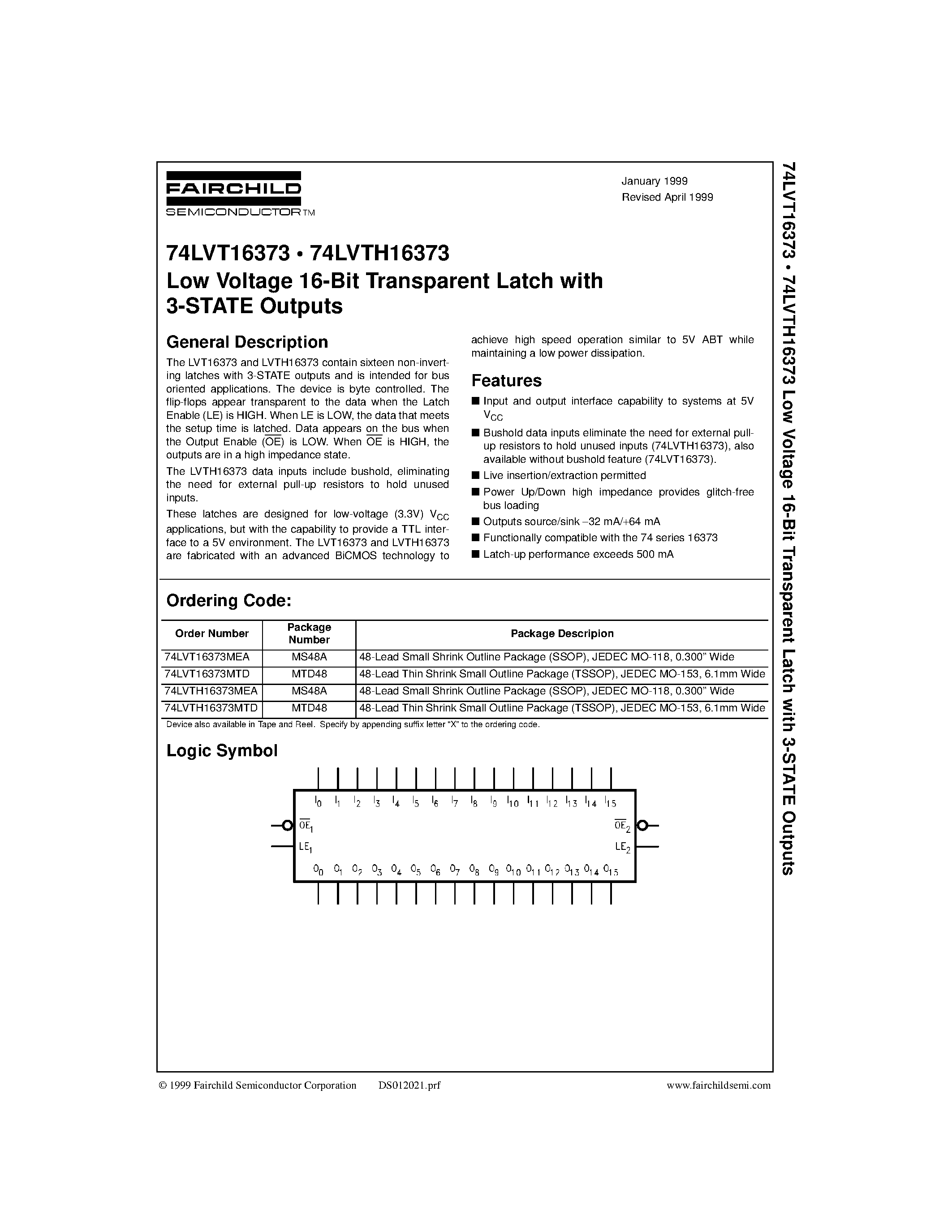 Даташит 74LVT16373 - Low Voltage 16-Bit Transparent Latch with 3-STATE Outputs страница 1