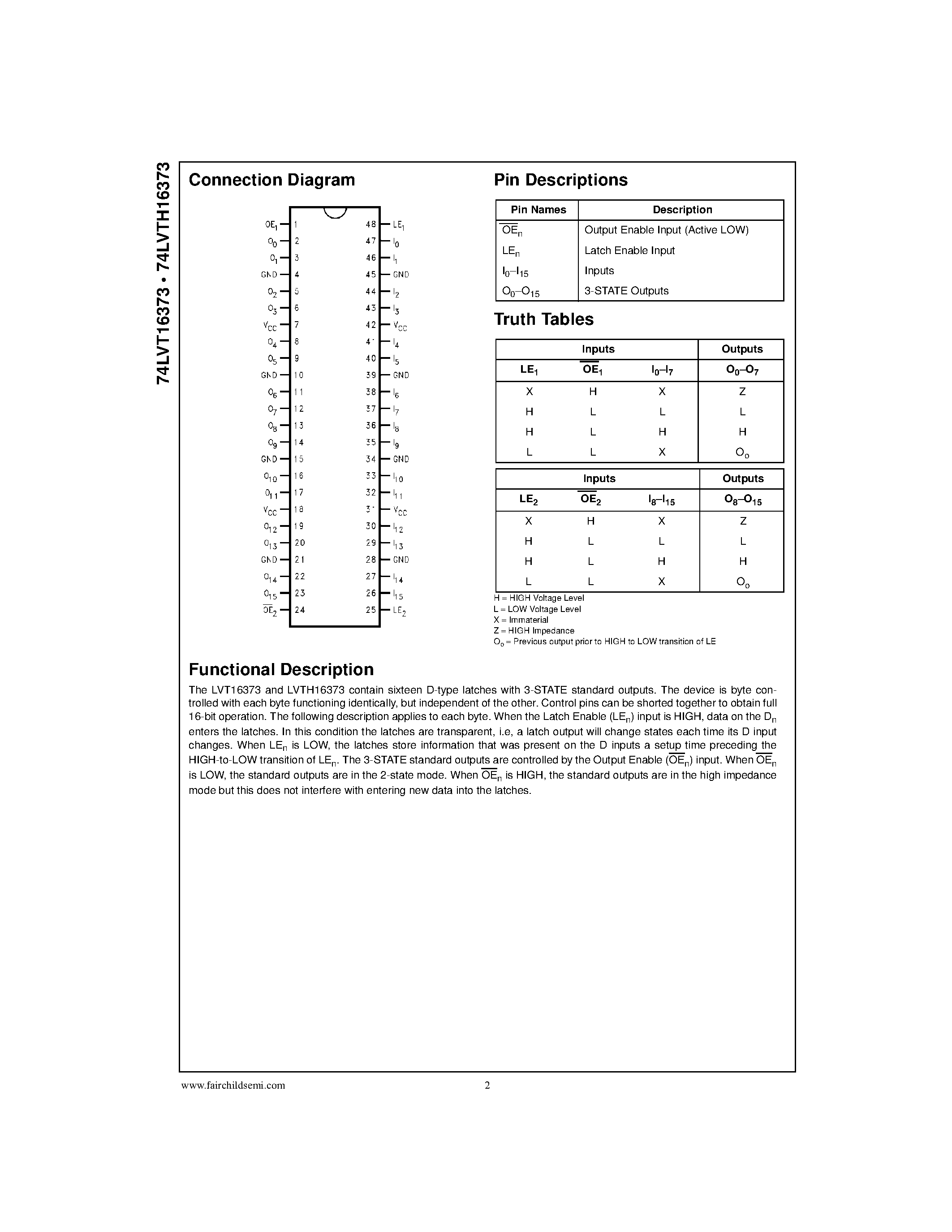 Даташит 74LVT16373 - Low Voltage 16-Bit Transparent Latch with 3-STATE Outputs страница 2