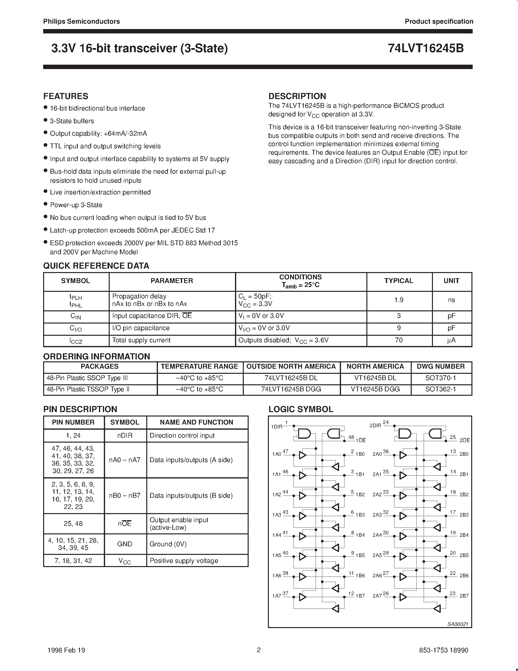 Даташит 74LVT16245B - 3.3V ABT 16-bit transceiver 3-State страница 2