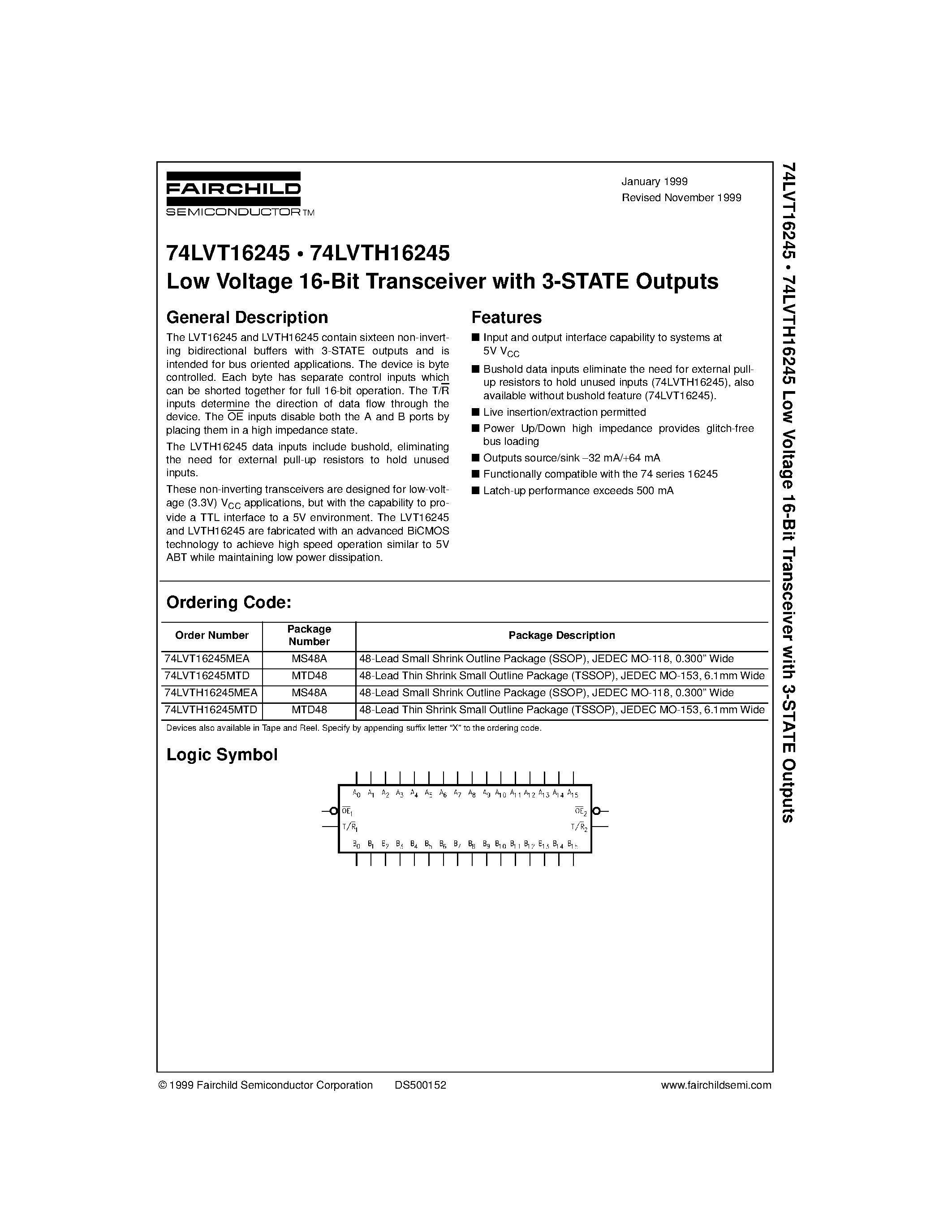 Datasheet 74LVT16245 - Low Voltage 16-Bit Transceiver with 3-STATE Outputs page 1