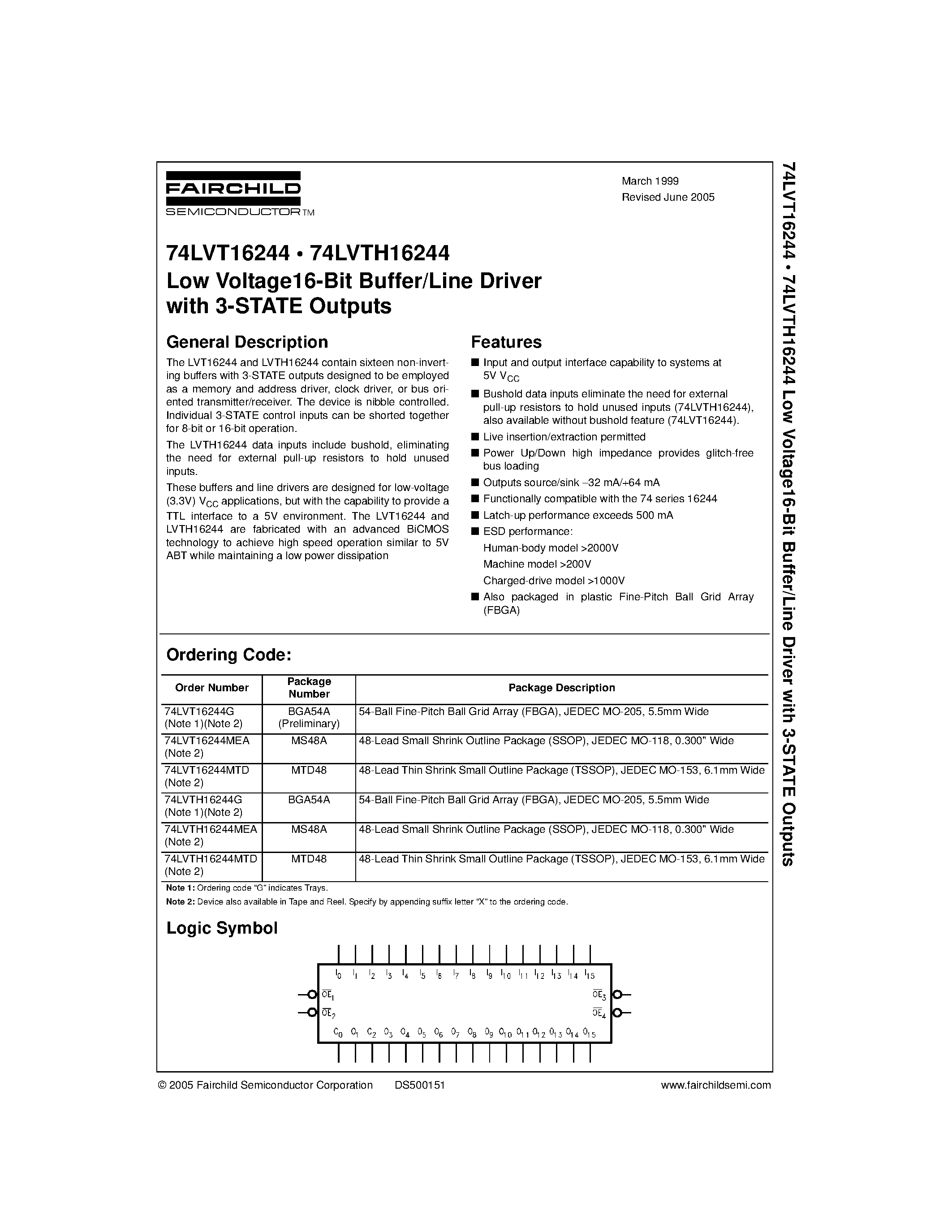 Datasheet 74LVT16244 - Low Voltage16-Bit Buffer/Line Driver with 3-STATE Outputs page 1