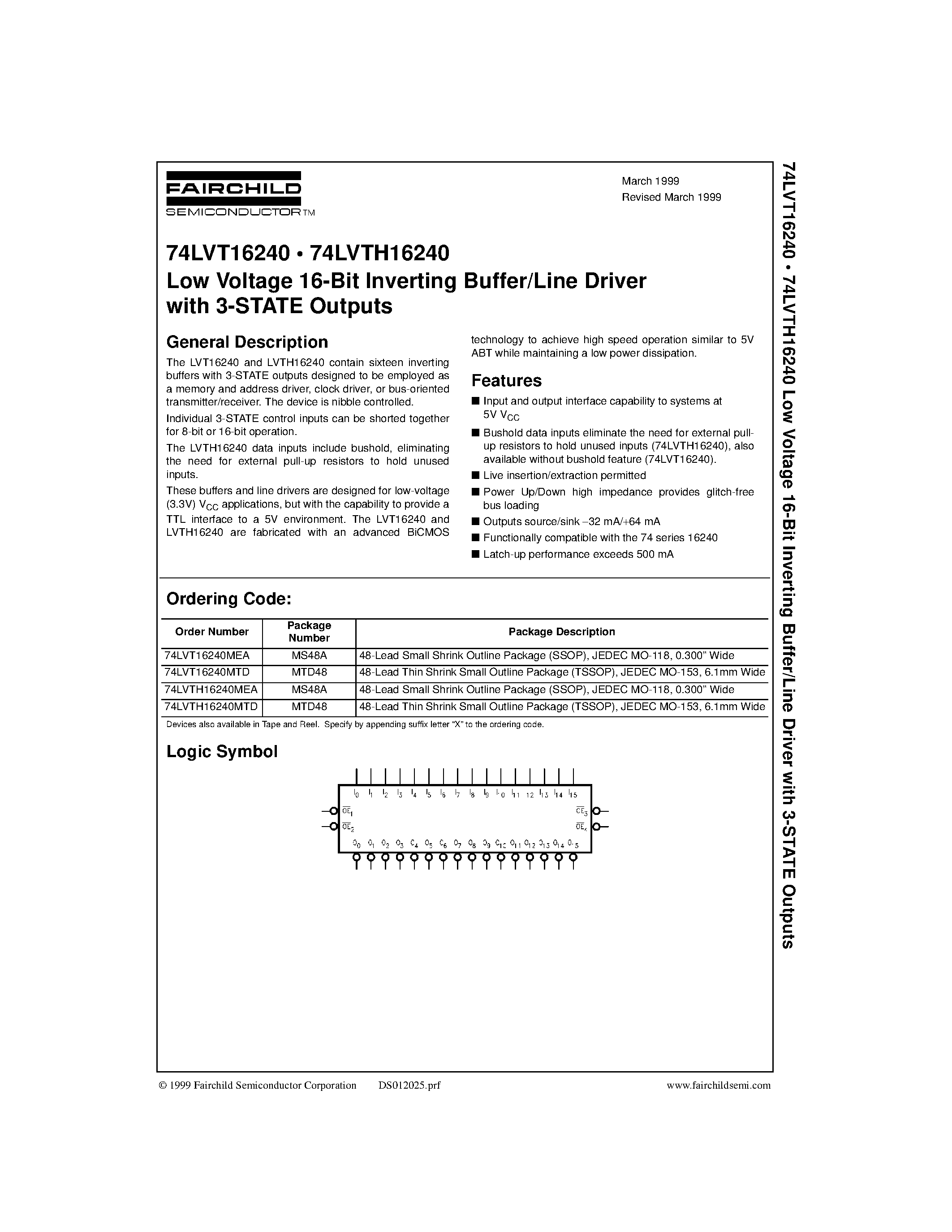 Datasheet 74LVT16240 - Low Voltage 16-Bit Inverting Buffer/Line Driver with 3-STATE Outputs page 1