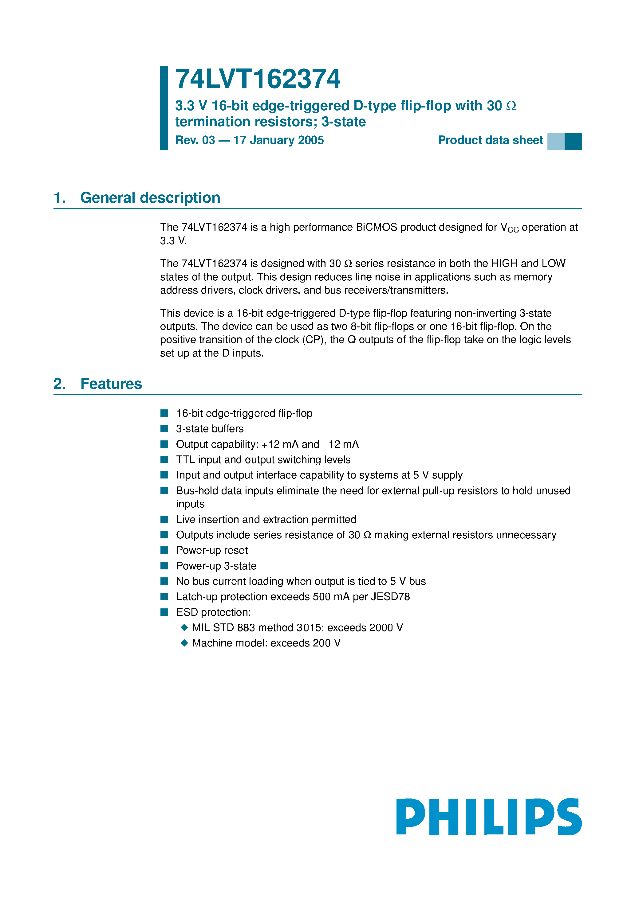 Datasheet 74LVT162374 - 3.3V LVT 16-bit edge-triggered D-type flip-flop with 30 ohm termination resistors 3-State page 1