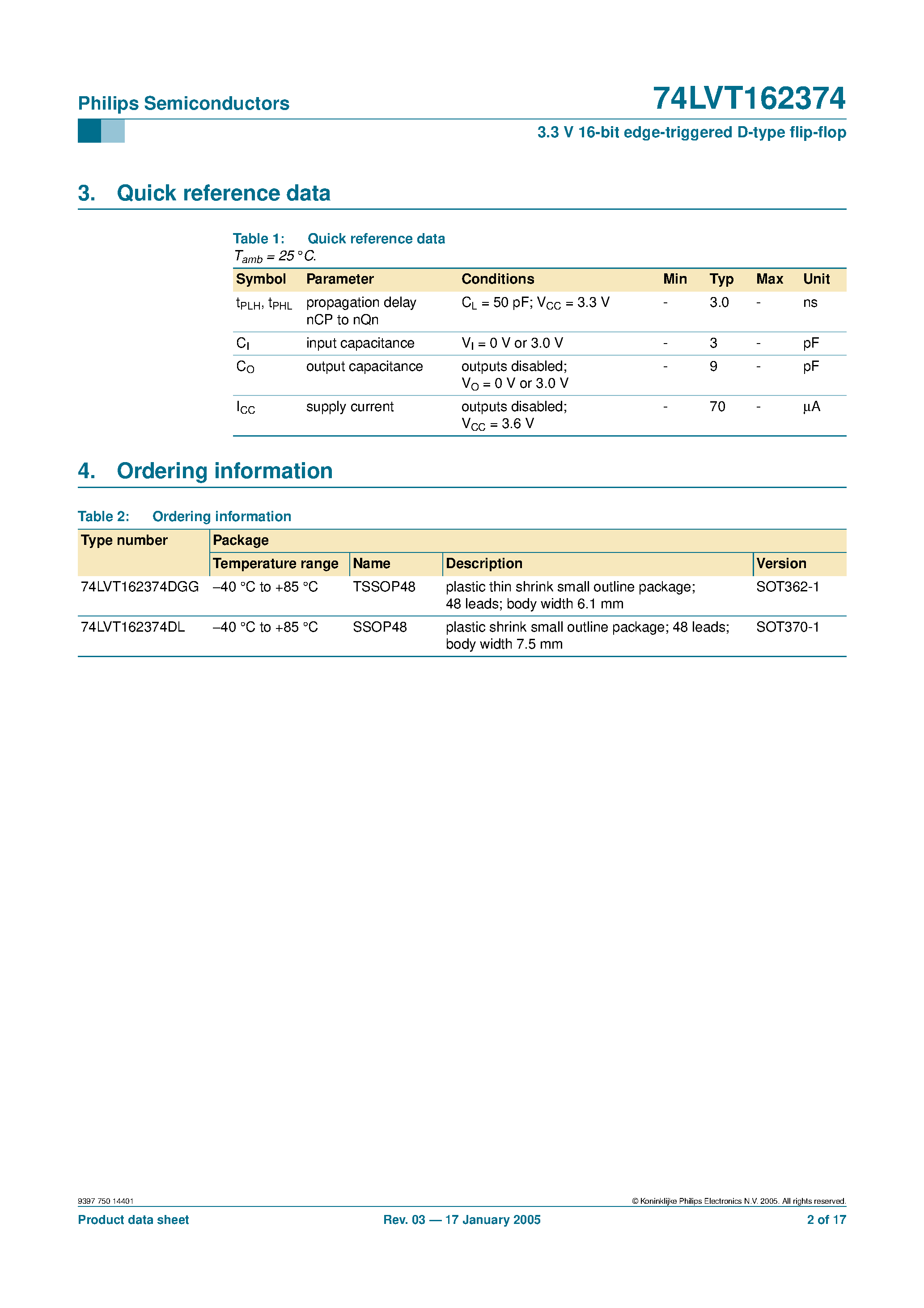 Datasheet 74LVT162374 - 3.3V LVT 16-bit edge-triggered D-type flip-flop with 30 ohm termination resistors 3-State page 2