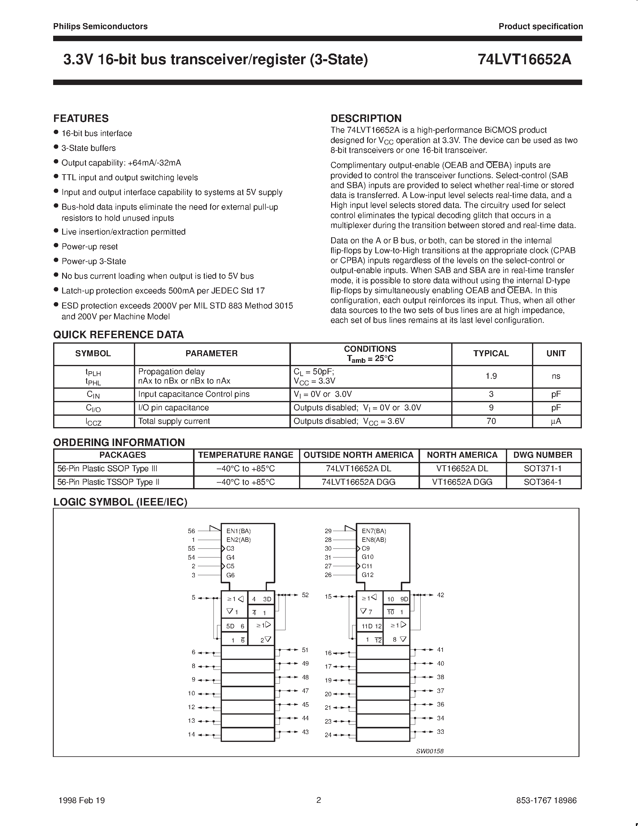 Datasheet 74LVT16652A - 3.3V LVT 16-bit bus transceiver/ register 3-State page 2