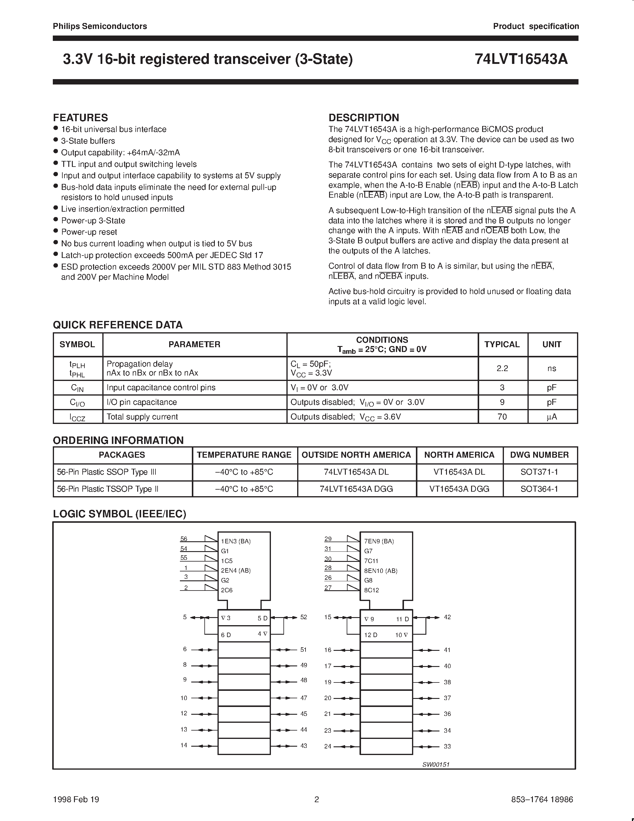 Даташит 74LVT16543A - 3.3V LVT 16-bit registered transceiver 3-State страница 2