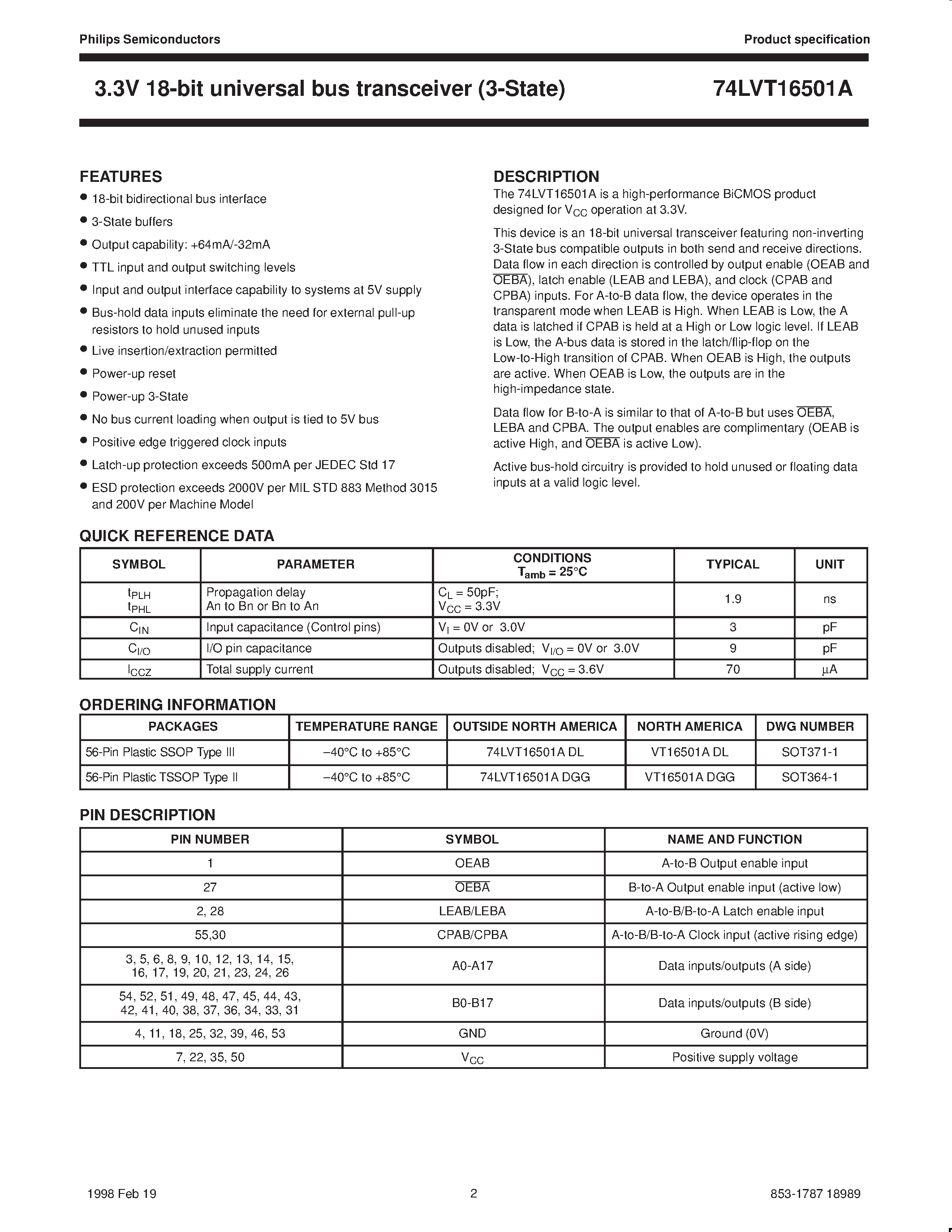 Даташит 74LVT16501A - 3.3V LVT 18-bit universal bus transceiver 3-State страница 2