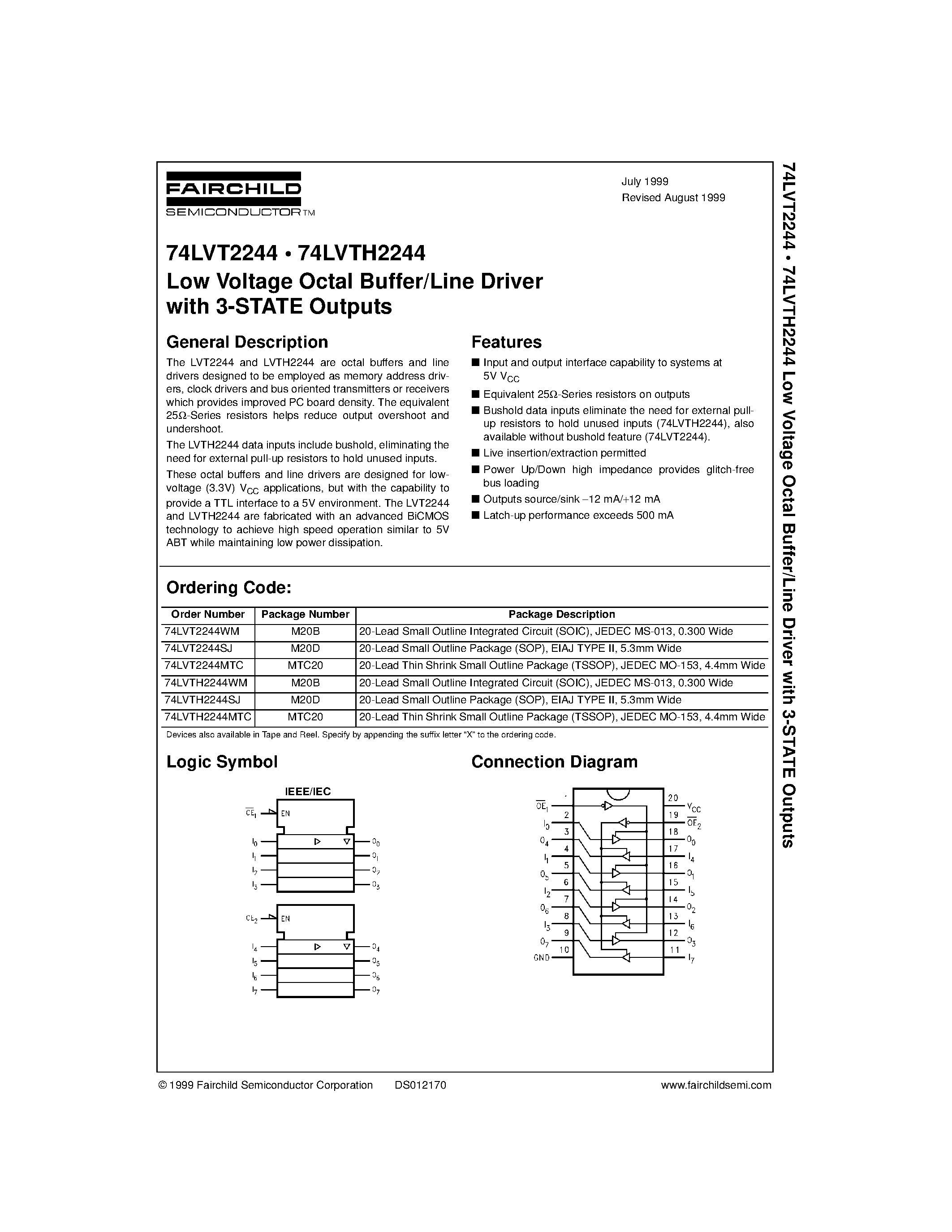 Datasheet 74LVT2244 - Low Voltage Octal Buffer/Line Driver with 3-STATE Outputs page 1