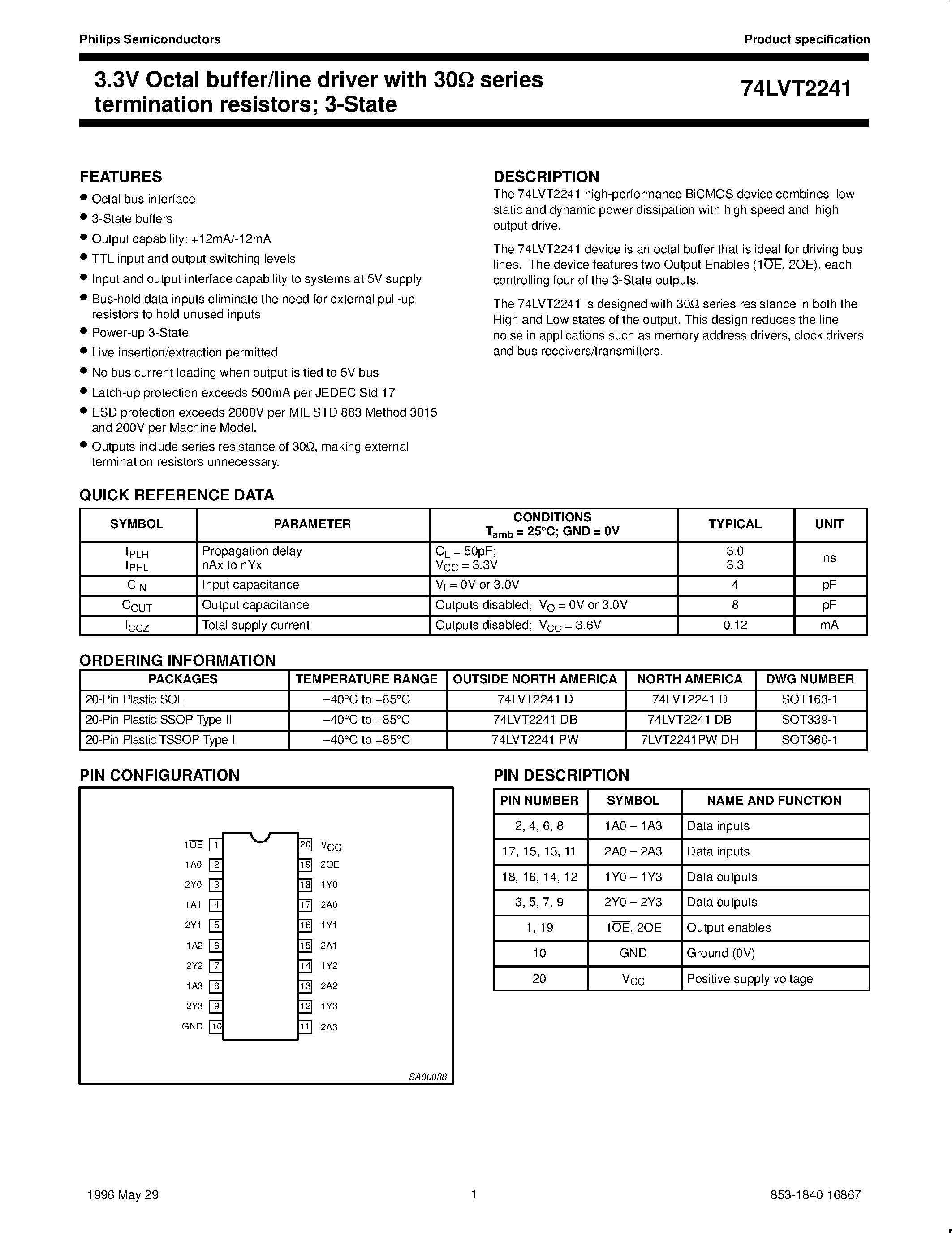 Datasheet 74LVT2241 - 3.3V Octal buffer/line driver with 30ohm series termination resistors 3-State page 1