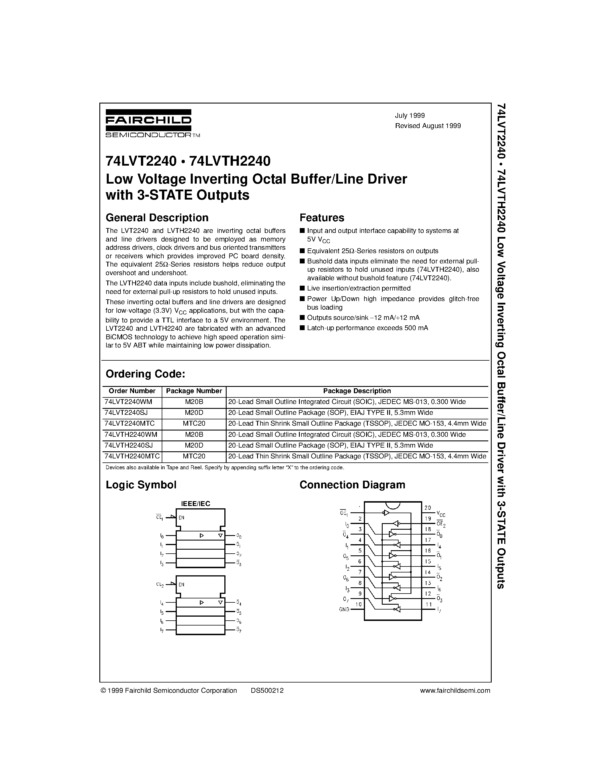 Даташит 74LVT2240 - Low Voltage Inverting Octal Buffer/Line Driver with 3-STATE Outputs страница 1