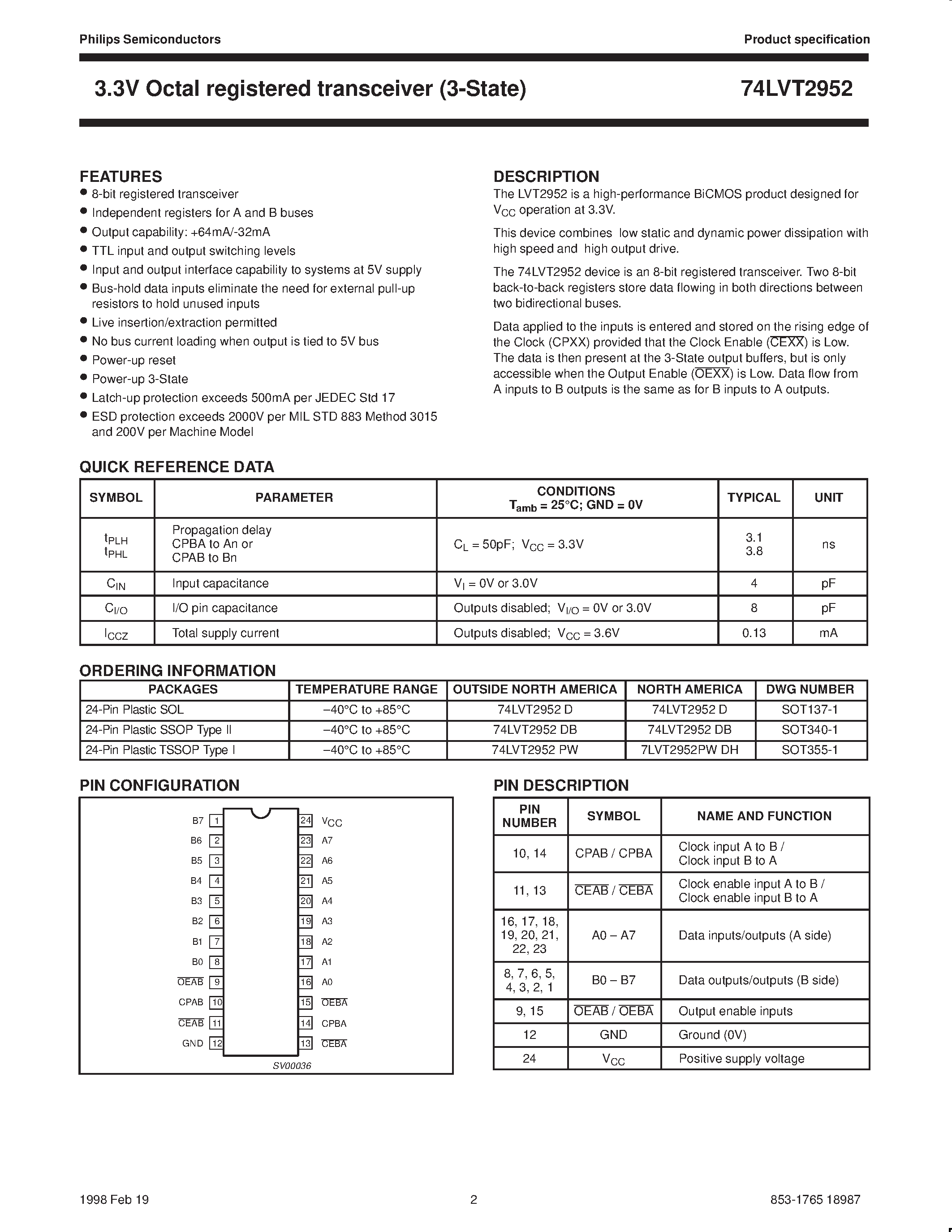 Datasheet 74LVT2952 - 3.3V LVT octal registered transceiver 3-State page 2