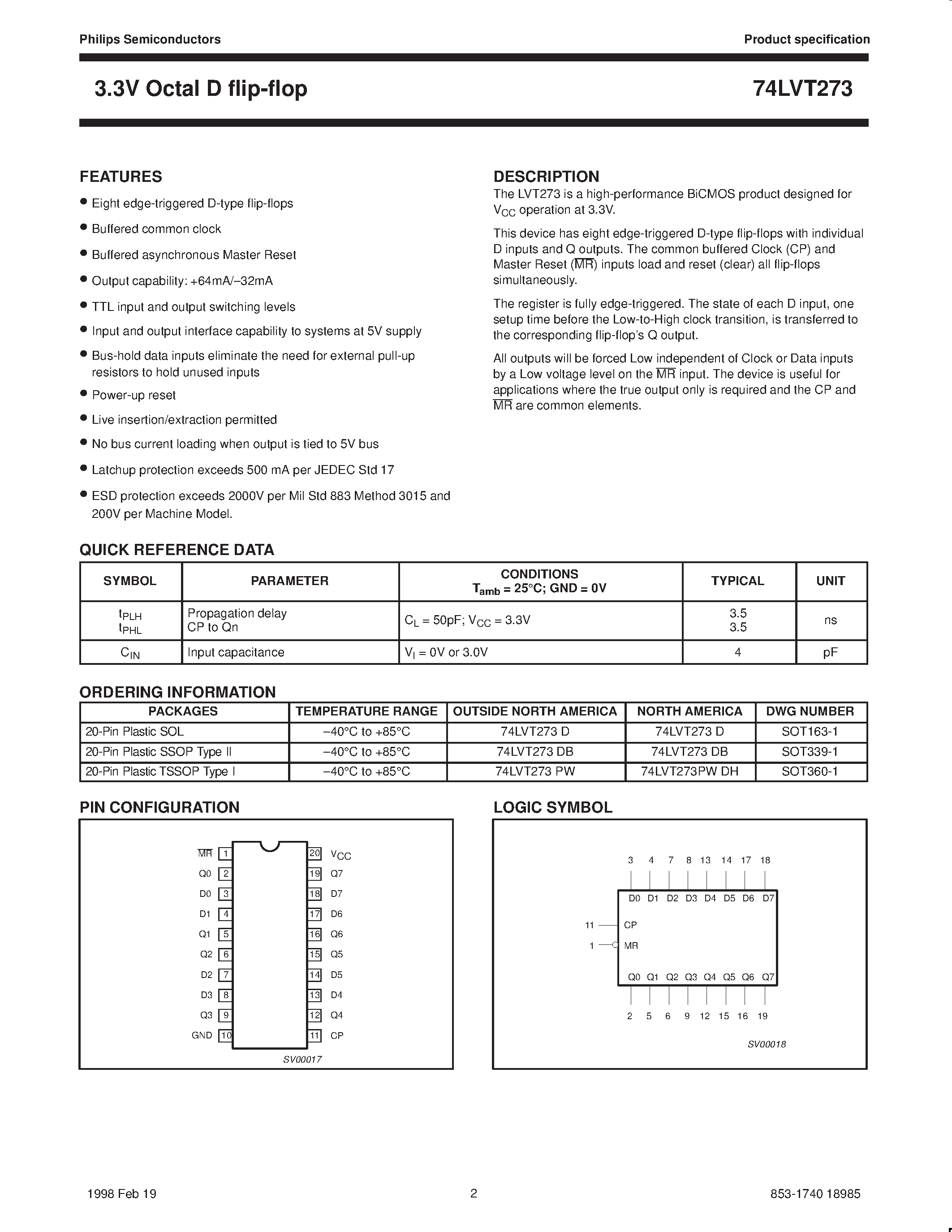 Datasheet 74LVT273 - 3.3V Octal D flip-flop page 2